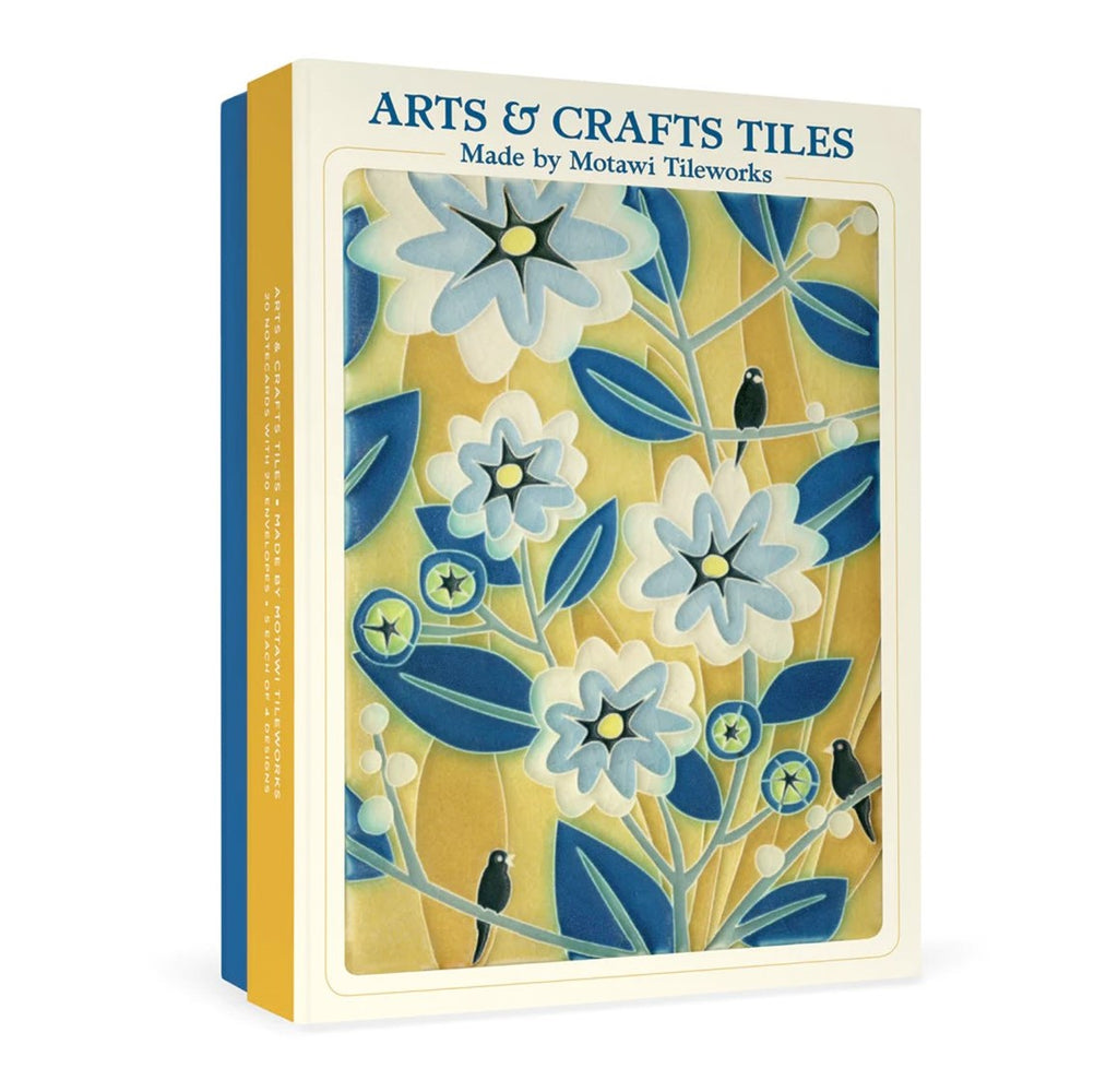 This notecard assortment showcases a selection of Motawi's Arts & Crafts era inspired floral ceramic tiles. There are four designs, with five cards of each design. 20 blank notecards (5 each of 4 designs) with envelopes in a decorative box. Soft white envelopes Box size: 5.3" x 7.3" x 1.5". Card size: 5" x 7".