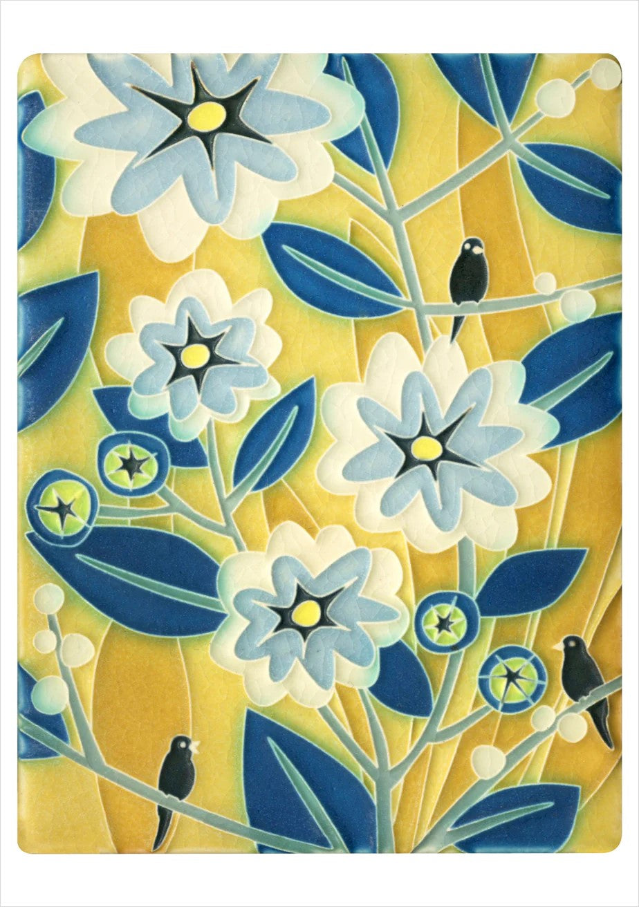 This notecard assortment showcases a selection of Motawi's Arts & Crafts era inspired floral ceramic tiles. There are four designs, with five cards of each design. 20 blank notecards (5 each of 4 designs) with envelopes in a decorative box. Soft white envelopes Box size: 5.3" x 7.3" x 1.5". Card size: 5" x 7".