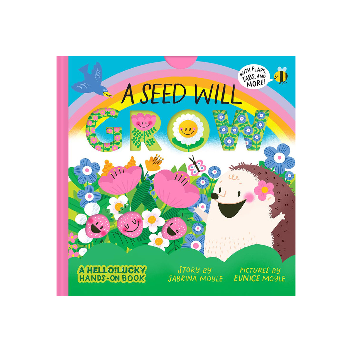 Children's book cover titled 'A Seed Will Grow' with colorful illustrations and a hedgehog character.