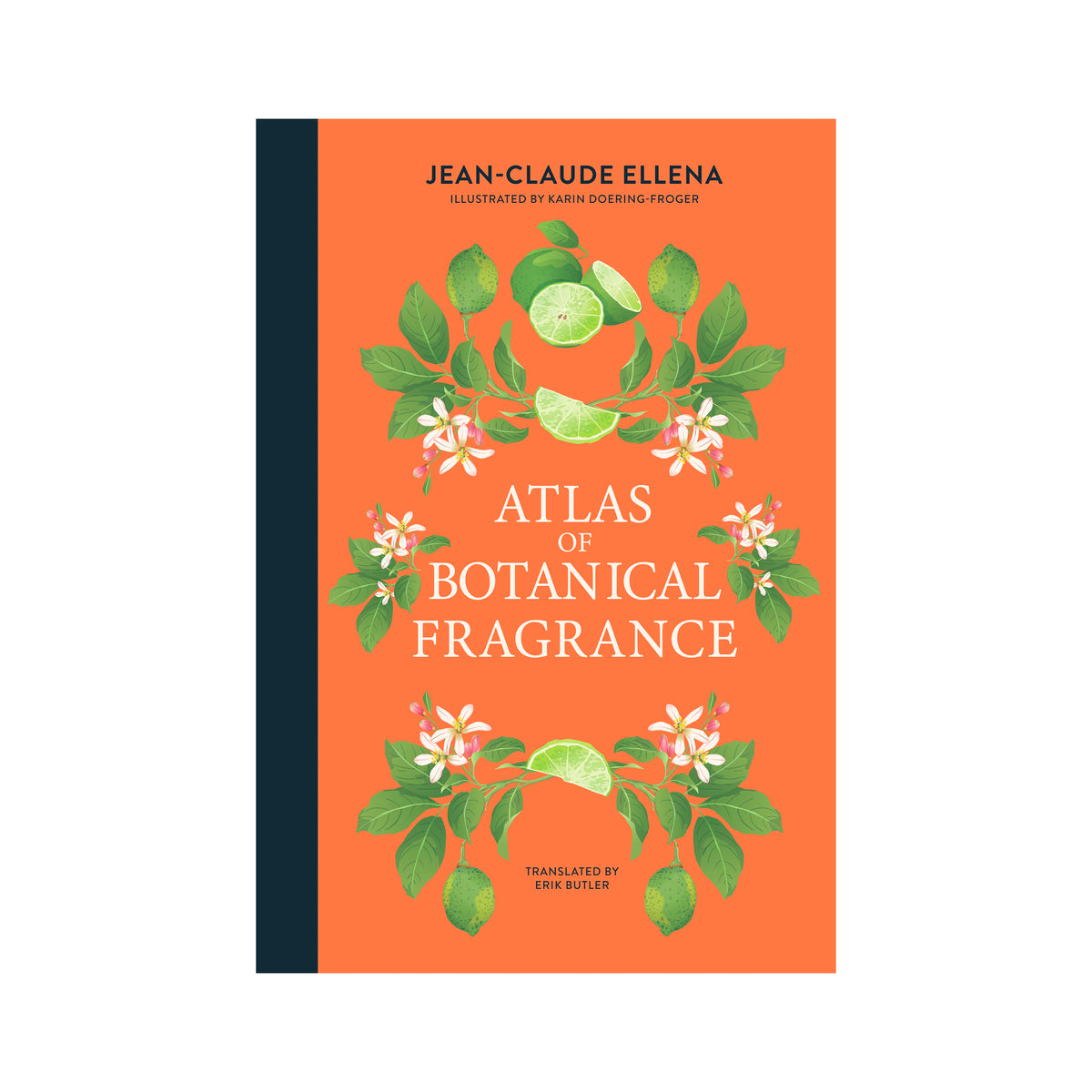 Cover of the Atlas of Botanical Fragrance with an illustration of limes and leaves on an orange background. 