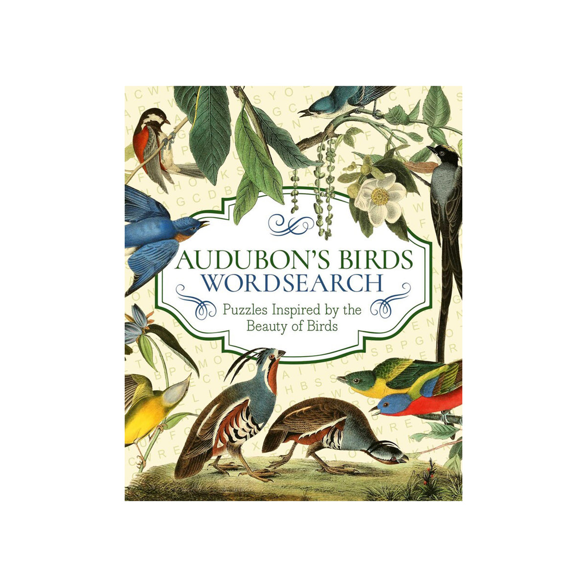 Cover of 'Audubon's Birds Wordsearch' puzzle book, with illustrations of birds on a white background.