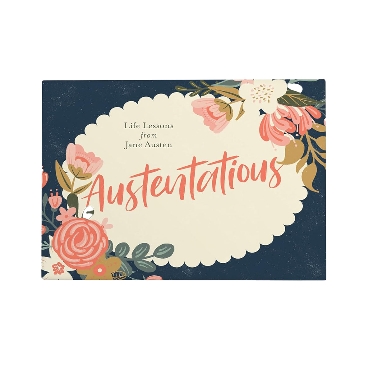 Box with a with floral design and text 'Austentatious: Life Lessons from Jane Austen' on a dark blue background