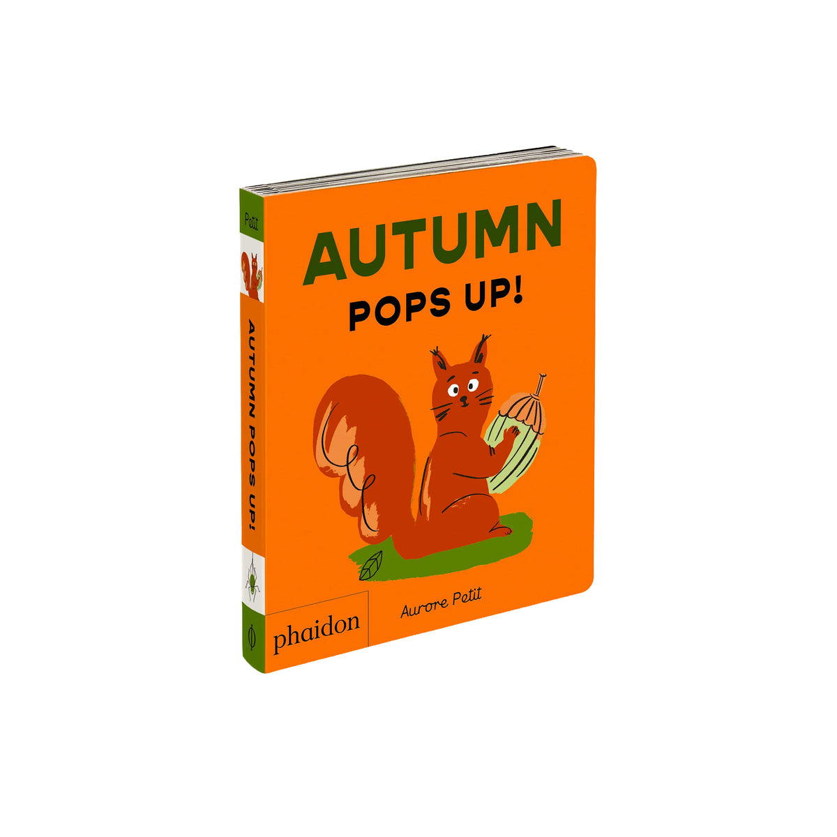 Book cover of 'Autumn Pops Up' - a board book for children with an orange cover and an illustration of s squirrel holding an acorn on a white background. 