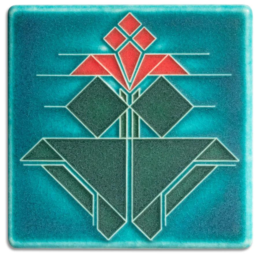 Built in 1907 in Illinois, the Coonley House is a residence designed by Wright for Avery and Queene Coonley. As with all Frank Lloyd Wright buildings, the home’s exterior and interior were envisioned and executed as a unified whole. Wright’s drawing of a tile for the Coonley House was the basis for this pretty tile. 