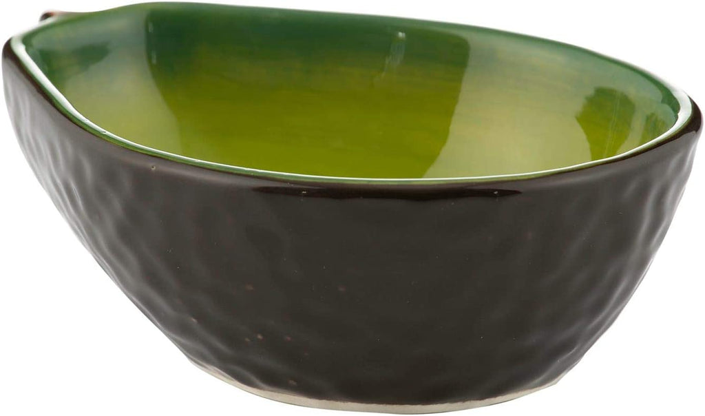 This little Avocado bowl is ideal for indoor and outdoor dining. It is designed and finished in the shape of an avocado and makes serving snacks and guacamole practical and fun. Fine, durable ceramic stoneware and finished with a colored glaze. Microwave, freezer & dishwasher safe. Size: L 4.5" x W 3" X H 1.5".
