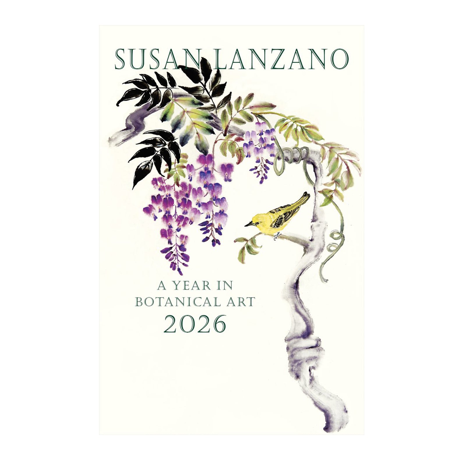 Calendar cover with botanical art of a bird and flowers, featuring the artist Susan Lanzano and the year 2026.