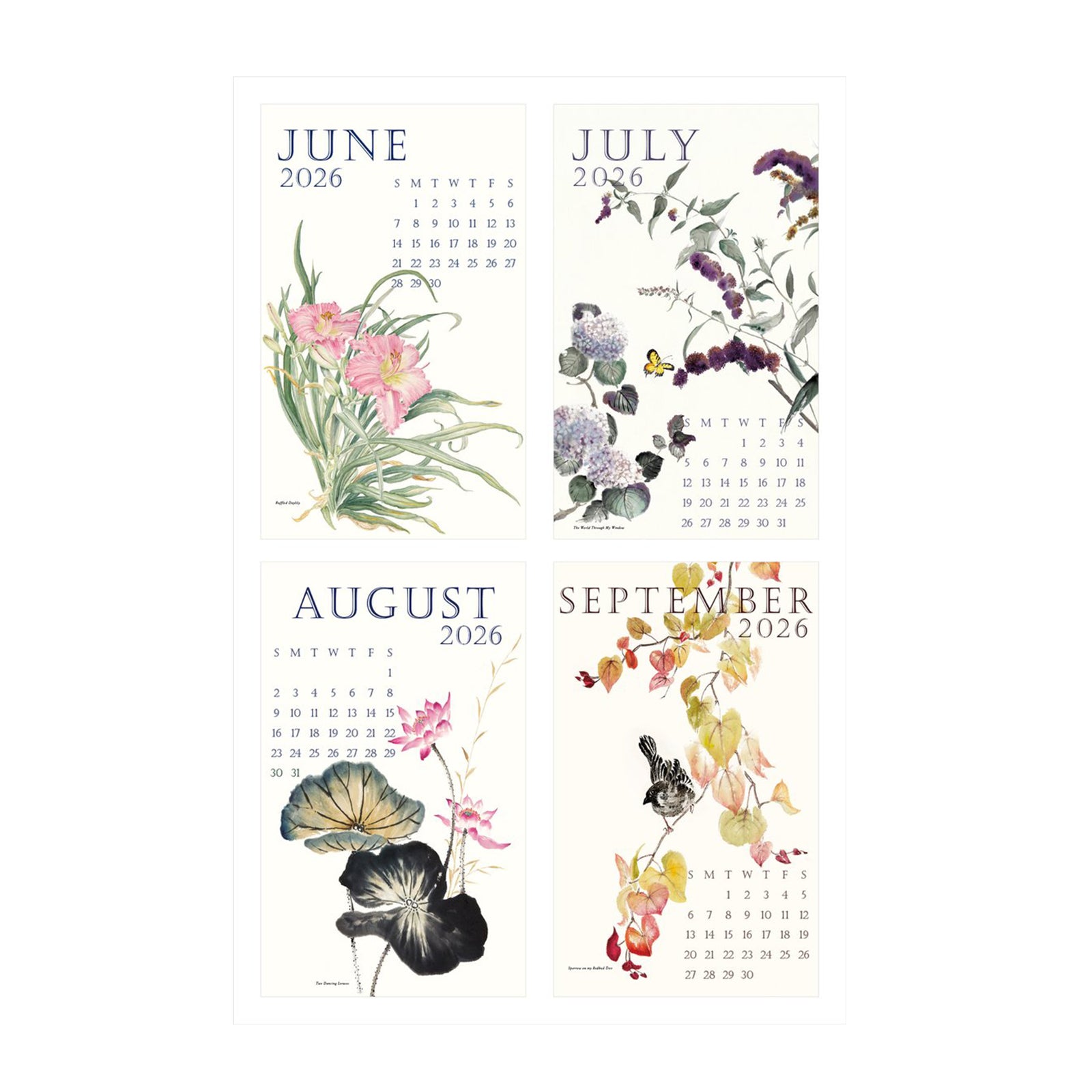 Calendar cover with botanical art of a bird and flowers, featuring the artist Susan Lanzano and the year 2026.