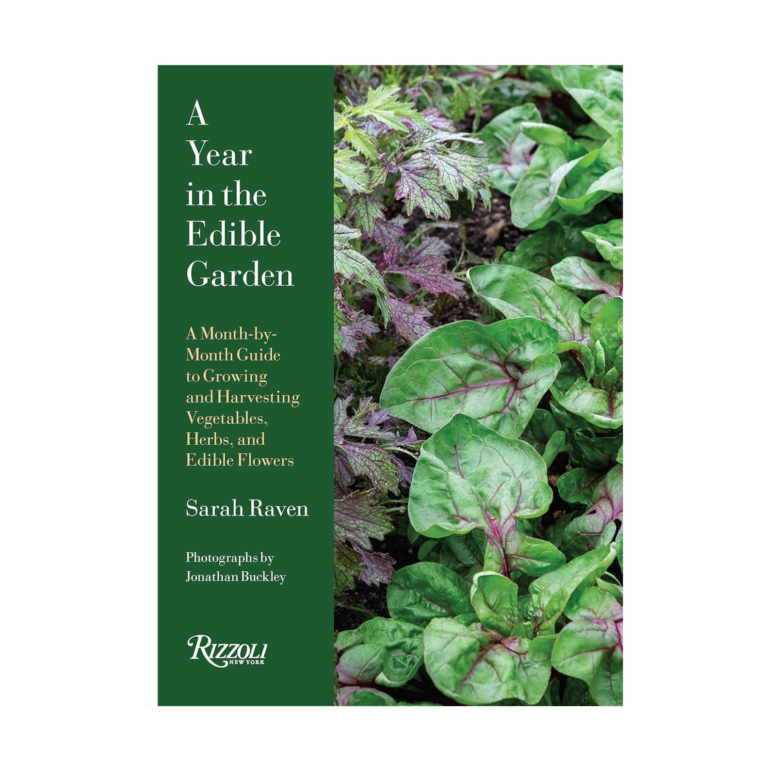 Book cover of 'A Year in the Edible Garden' with green foliage on a white background