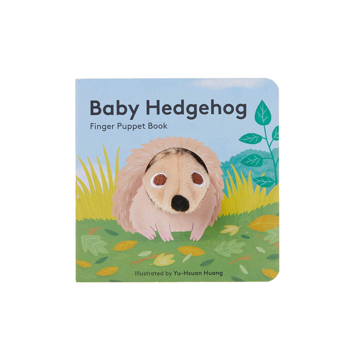 Children's board book titled 'baby hedgehog' with an illustration of a hedgehog and a hedgehog finger puppet on a white background