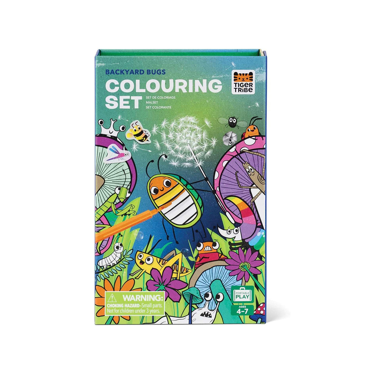 Box of 'Backyard Bugs' colouring set with illustrations of bugs and flowers on a white background.