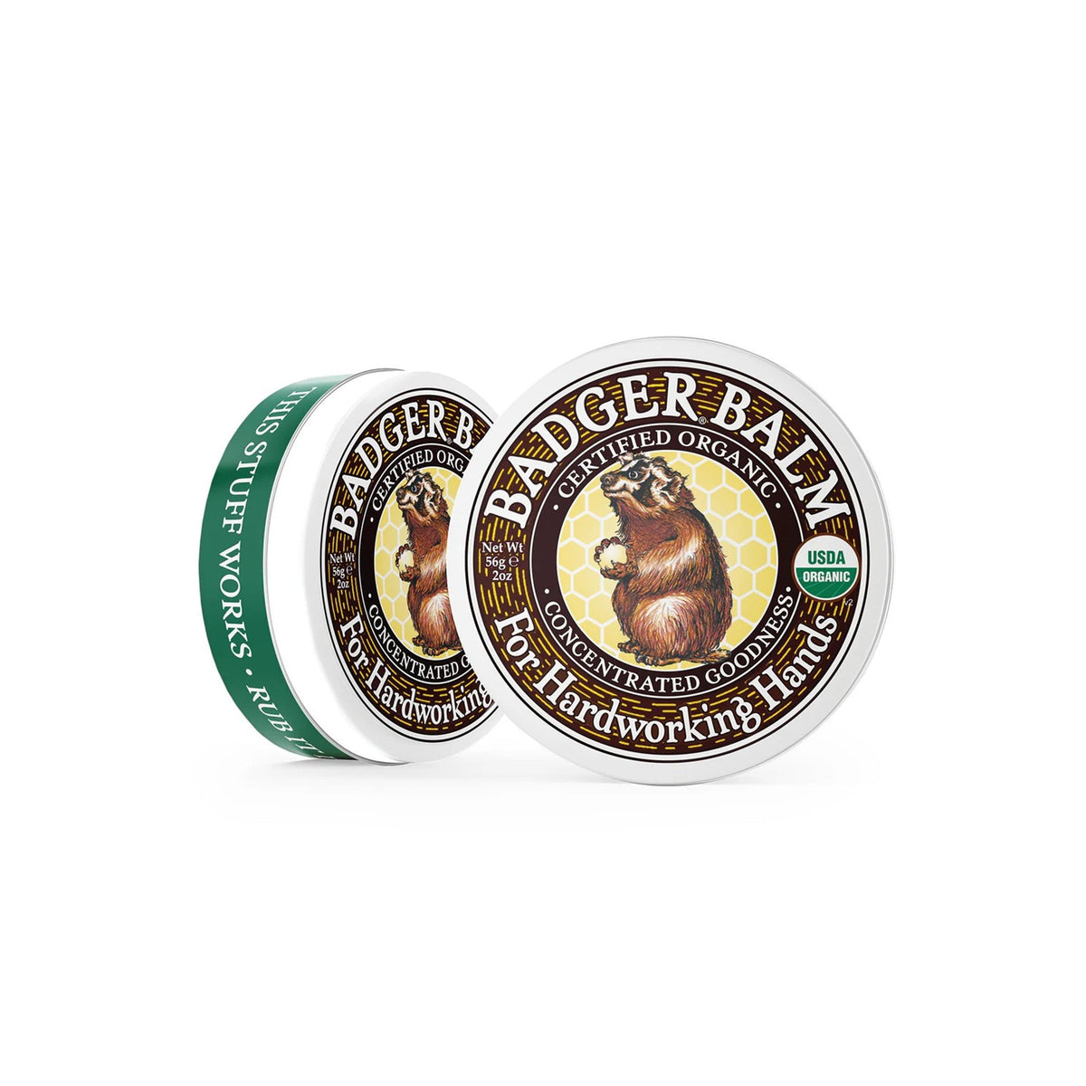 Two tins of Badger Balm on a white background