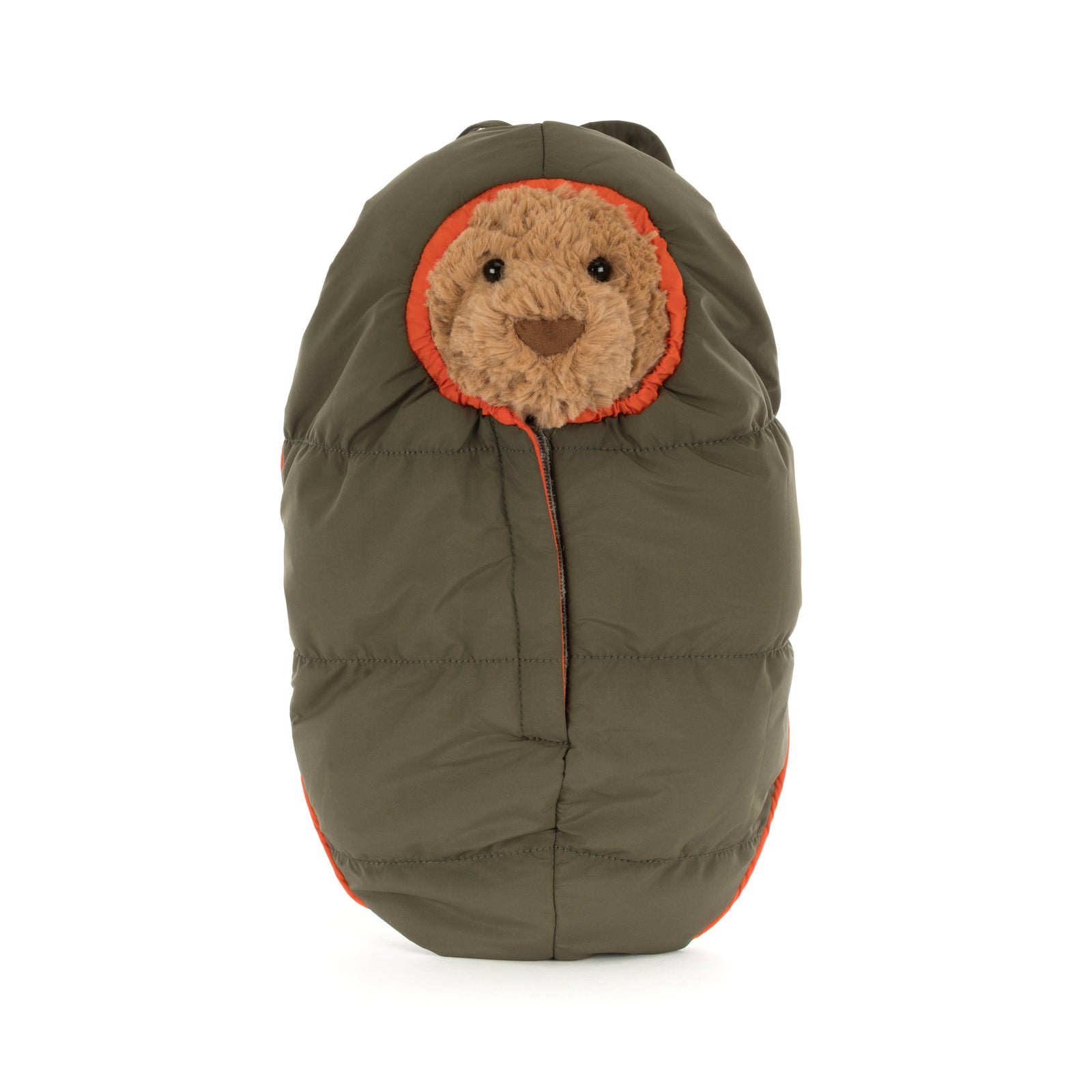 Stuffed Jellycat Barthlomew Bear Hiking Outfit teddy bear wearing a sweater and backpack on a white background