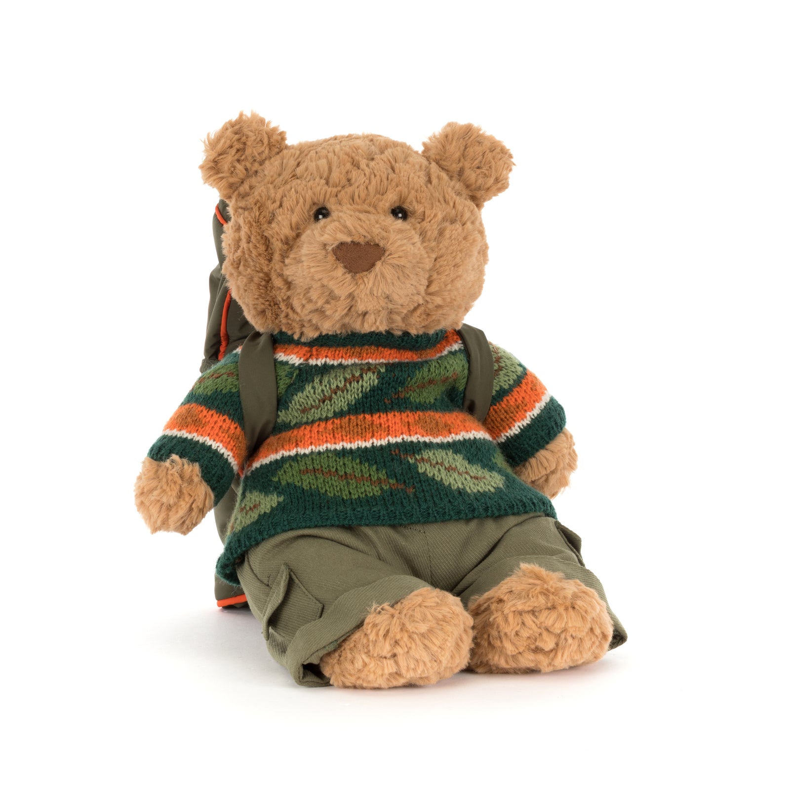 Stuffed Jellycat Barthlomew Bear Hiking Outfit teddy bear wearing a sweater and backpack on a white background