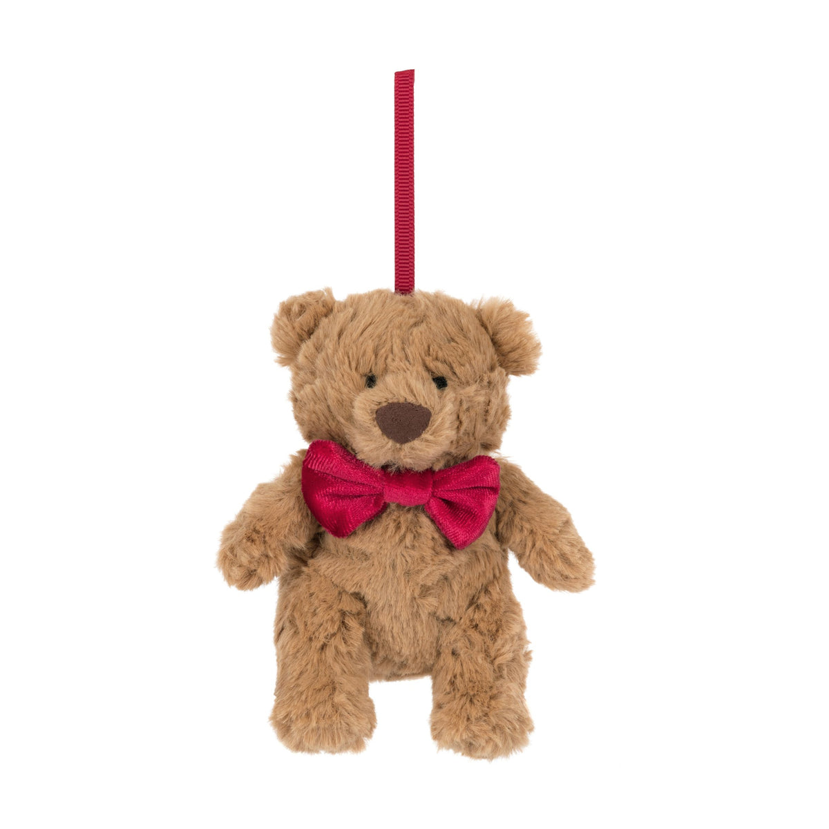 Plush Jellycat teddy bear tree ornament with a red bow tie on a white background