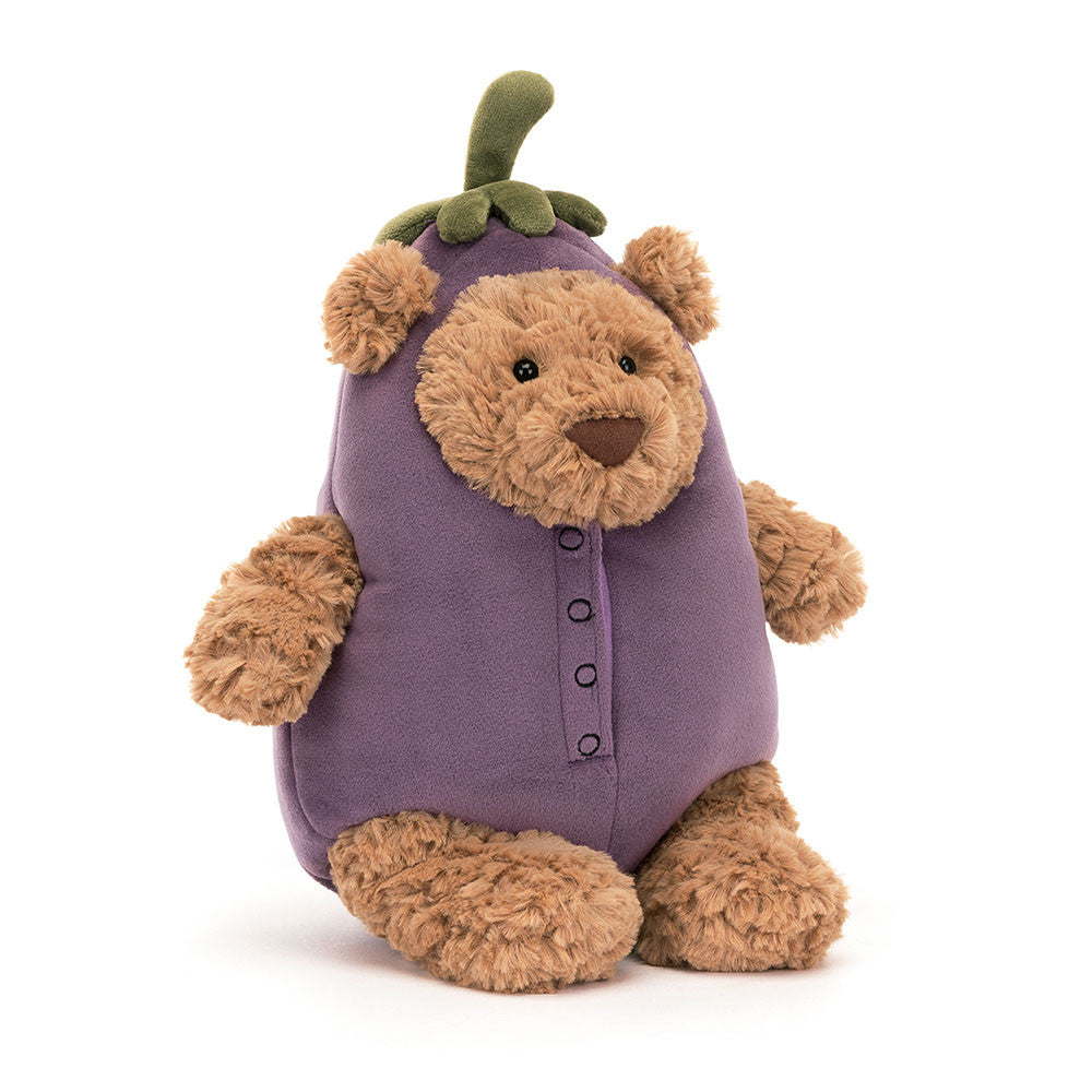 Bartholomew Bear Eggplant is all dressed up! This terrific toffee bear wears a purple suedette costume, fastened with Velcro for easy removal. The veggie suit has stitched faux-buttons, and the cute stalk hat even has ear-holes! Dimensions: 11.8" x 5.9" x 5.5". Suitable from birth.