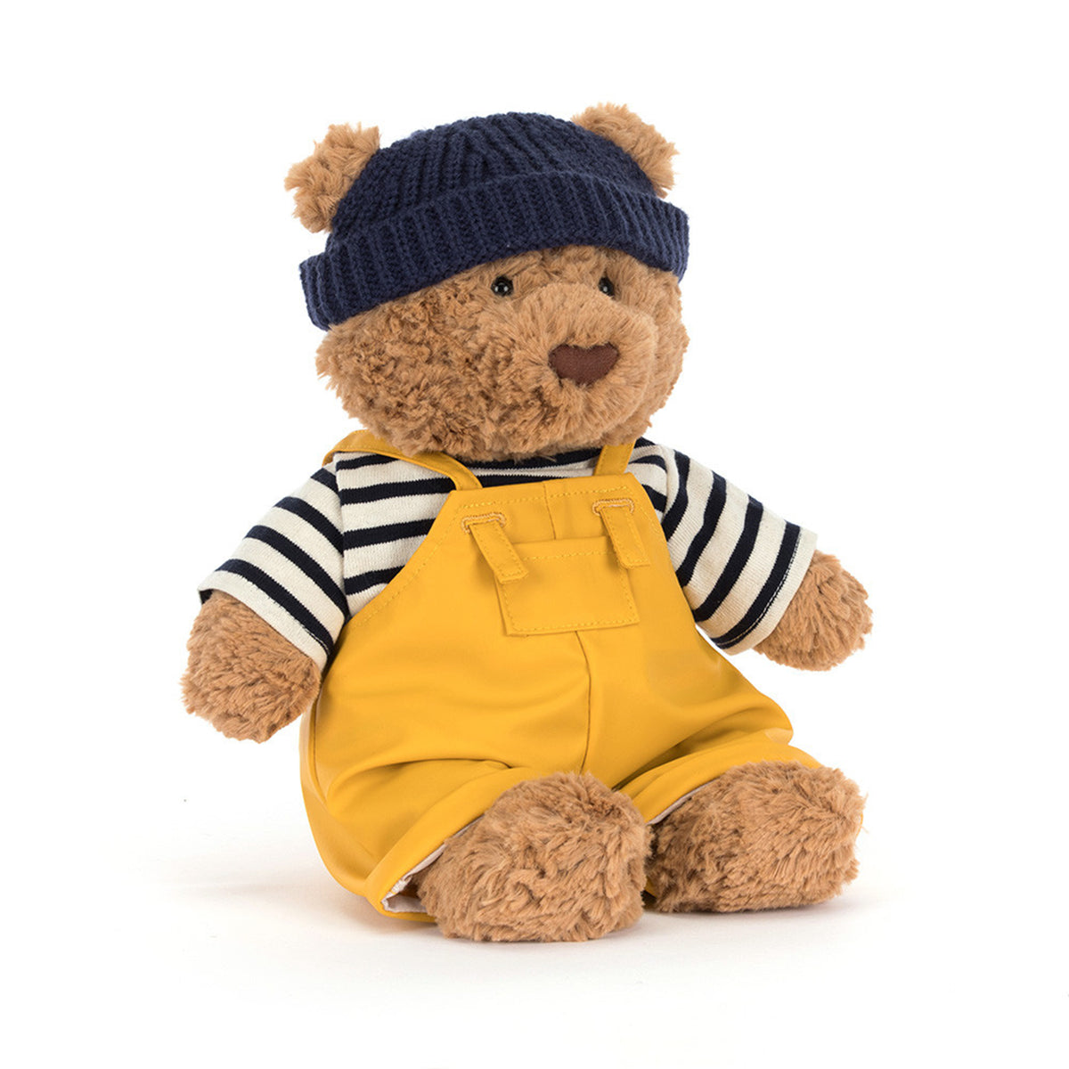 Jellycat Batholomew Bear bear  Seafarer wearing a navy hat, striped shirt, and yellow overalls on a white background
