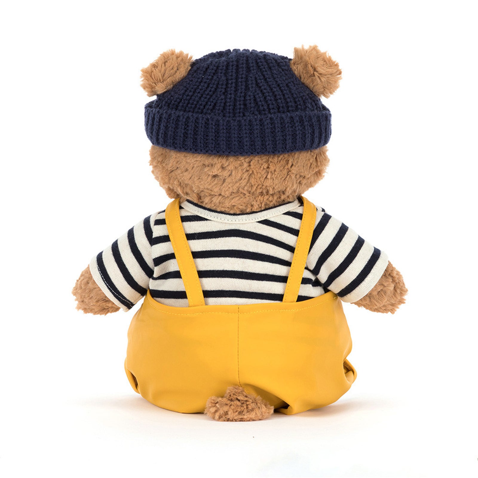 Jellycat Batholomew Bear bear  Seafarer wearing a navy hat, striped shirt, and yellow overalls on a white background