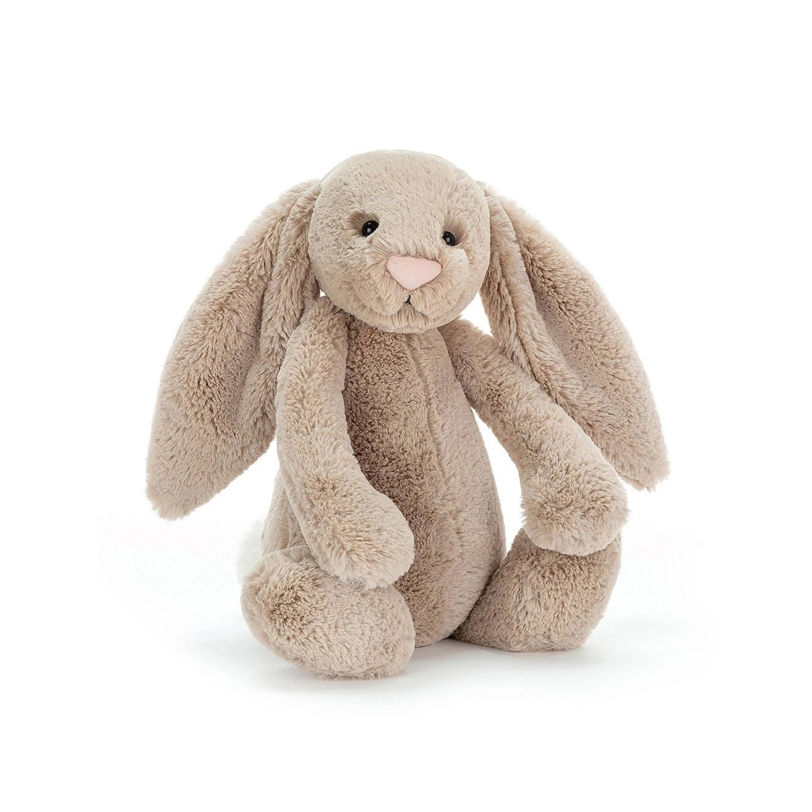 A plush stuffed Jellycat Bashful Bunny toy in a light taupe-beige color, sitting upright against a seamless white background.