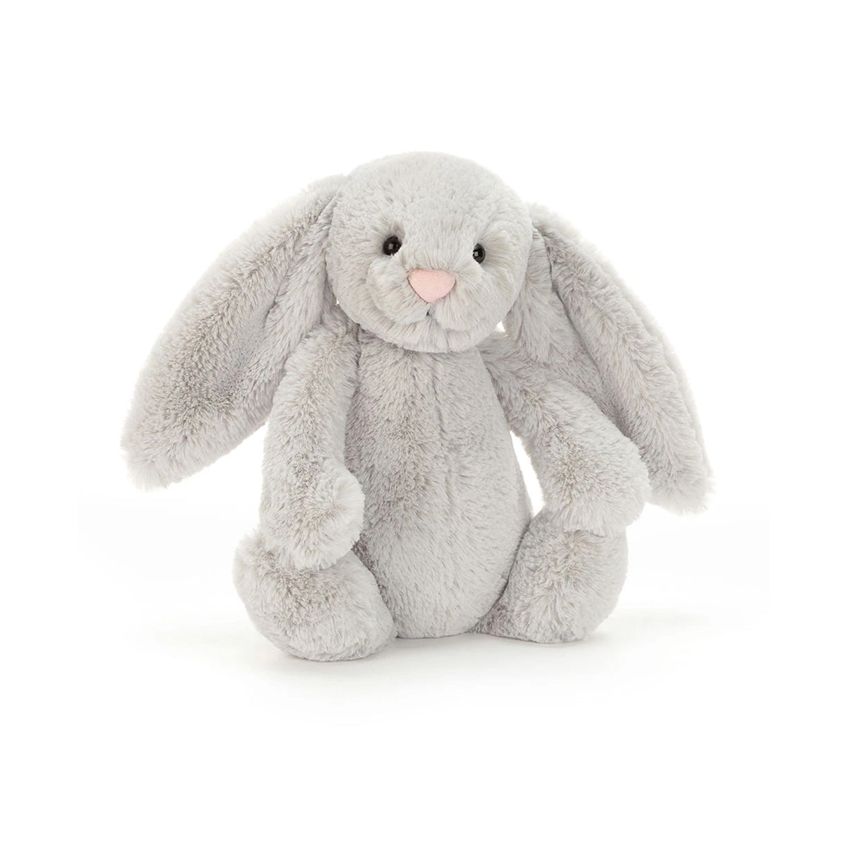 Gray plush bunny toy on a white background