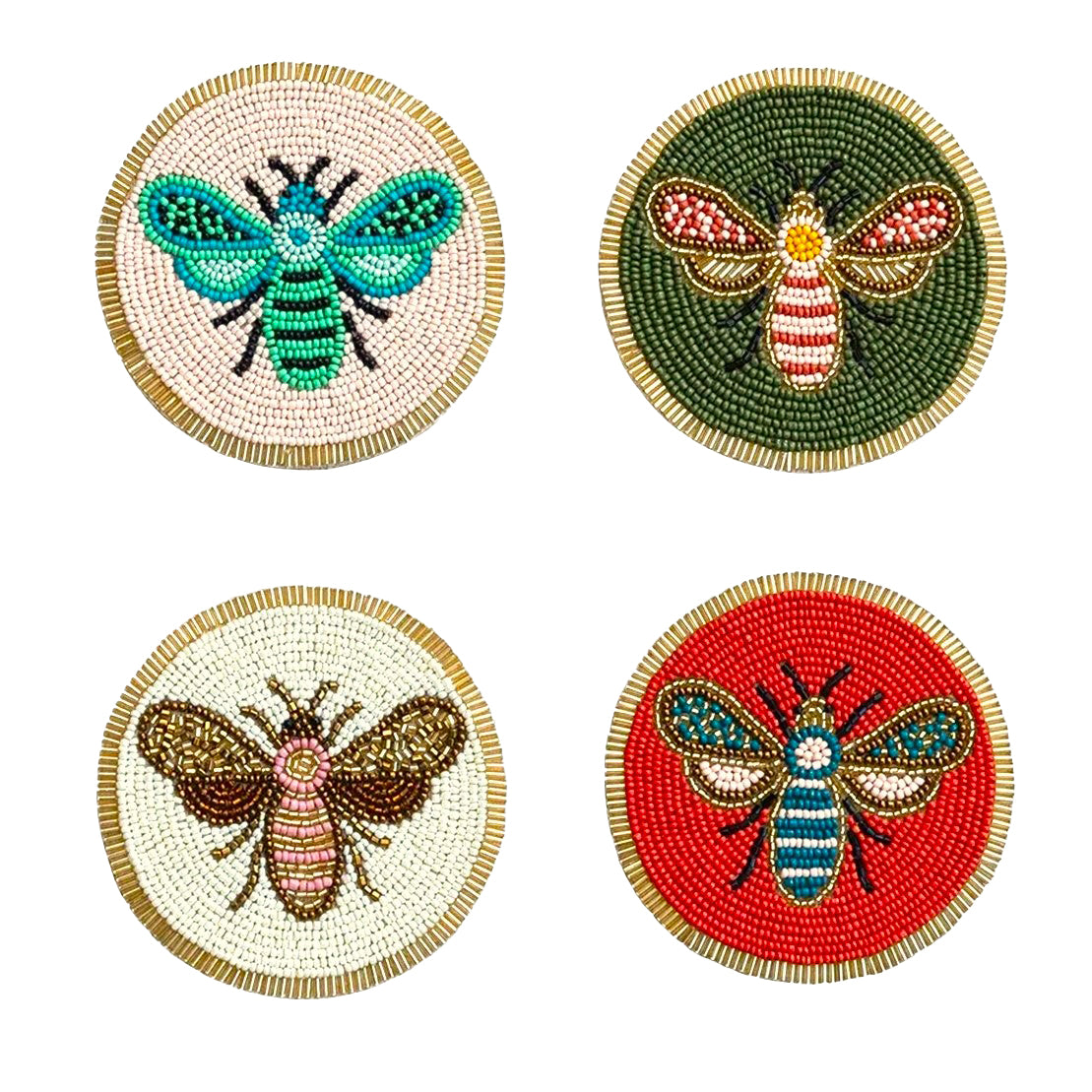 Four round beaded coasters with bee designs on a white background