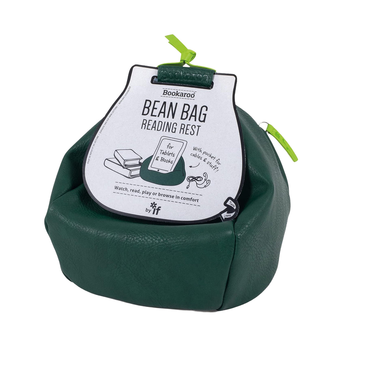 Green bean bag reading rest with a label on a white background