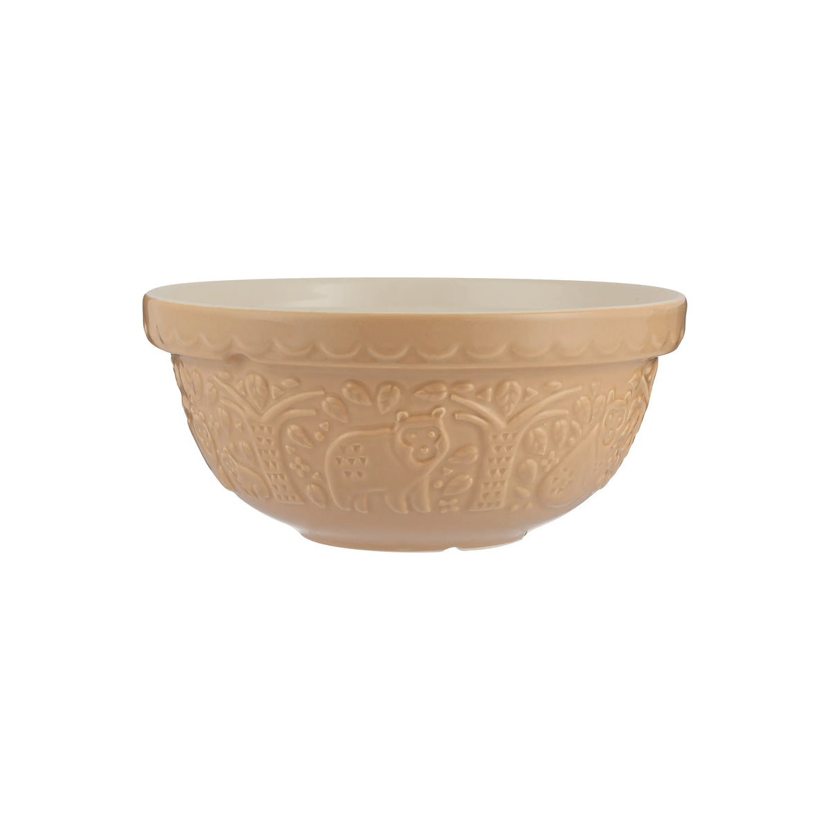 A beige ceramic bowl with a raised floral and fruit pattern around the exterior, shown against a plain white background.