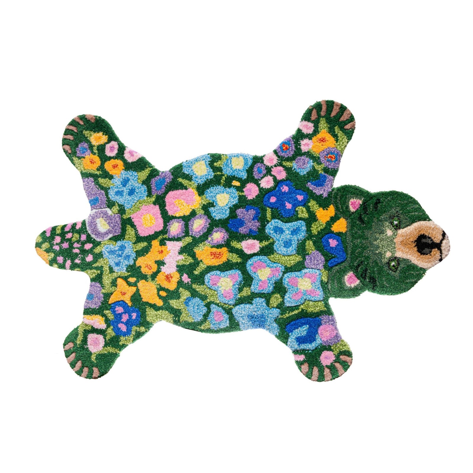 Add a whimsical touch to your space with this delightful bear-shaped rug. This high-quality, 100% tufted wool rug is made with premium craftsmanship to ensure both style and comfort. It features a vibrant floral design, making it a gorgeously fun and colorful accent for any room. Perfect for kids' rooms, nurseries, or as a playful addition to your living room, it is the perfect blend of fun and elegance. Available in two sizes. Dimensions: Small: 36" x 24" x 1" Large: 94" x 64" x 1"