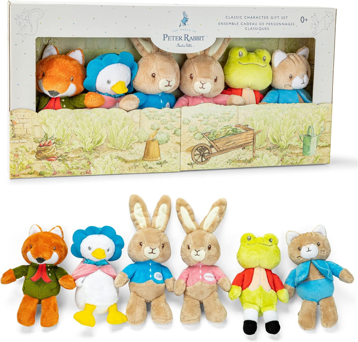 A cute, fun, and charming plush set for your baby and children to learn and play with beloved characters from Beatrix Potter&#39;s classic stories. Peter Rabbit, Flopsy, Jemima Puddle-Duck, Jeremy Fisher, Tom Kitten, and Mr. Tod Fox are all featured, and each one is soft, huggable and safe for both babies and kids. A perfect baby shower or birthday gift