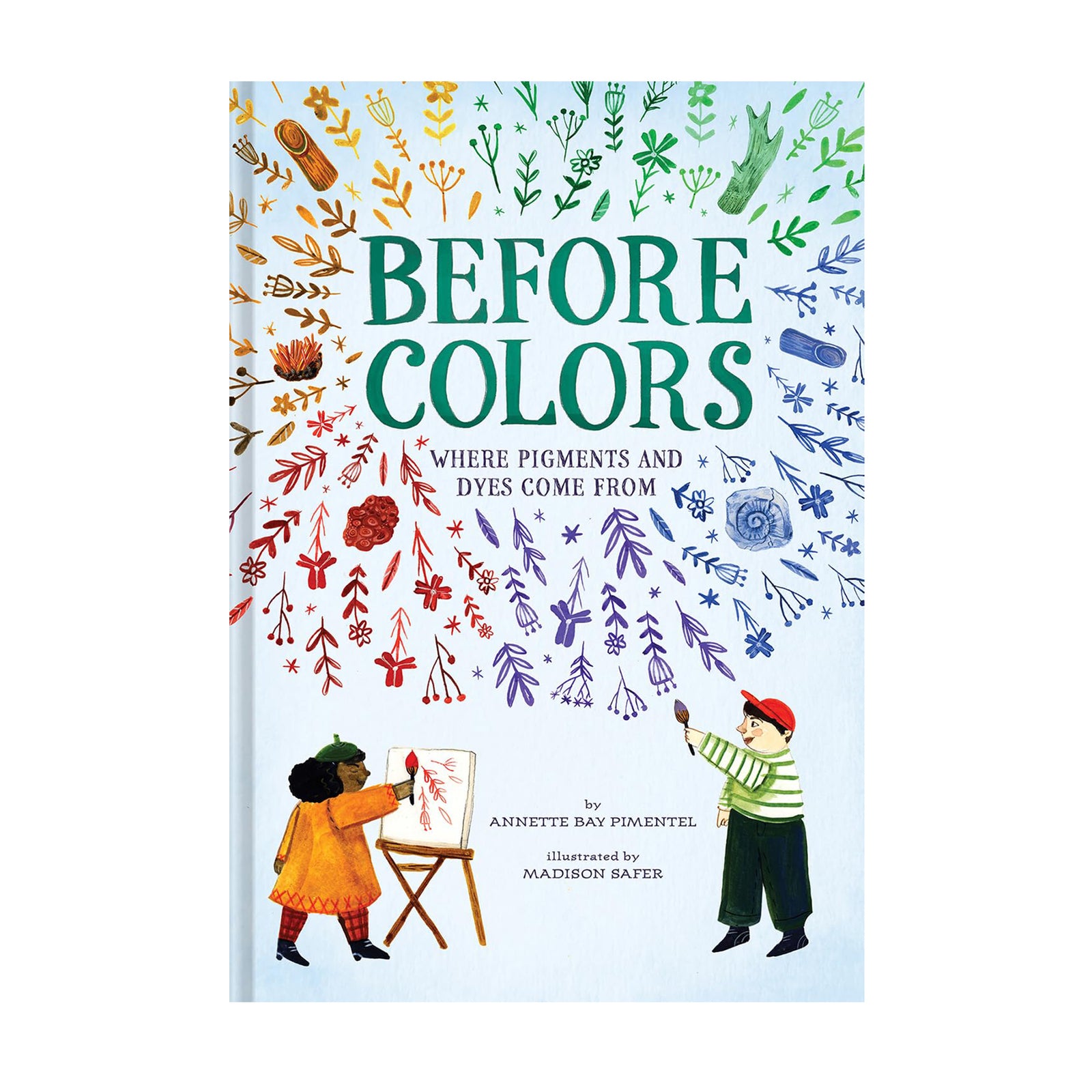 Illustrated book with a character holding a paintbrush and another page titled 'Before Colors'.
