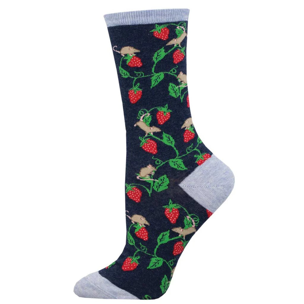 This Berry Mice design is very nice, but it would be a whole other story if we found mice in our berries. That would be not very nice. If all this talk has you fancying some fruit, try these on for size. Size: S/M 9-11 (Women's Shoe Size 6-10.5 and Men's Shoe Size 5-9) 49% Cotton, 49% Nylon, 2% Spandex