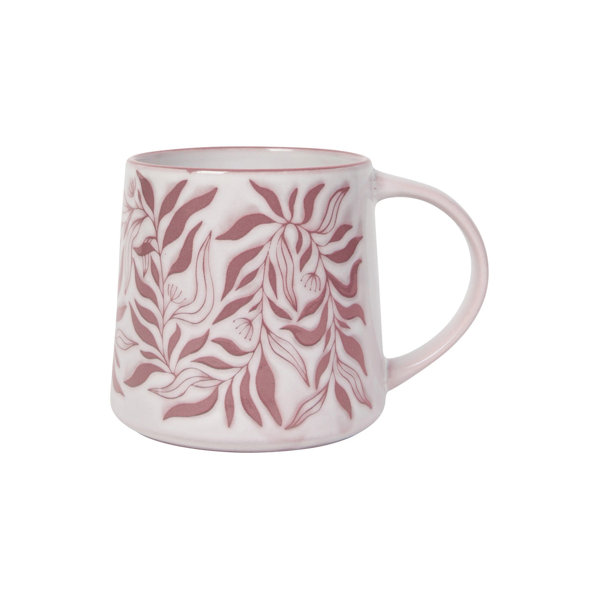 A white ceramic mug with a dusty rose pink botanical leaf pattern, shown against a plain white background.