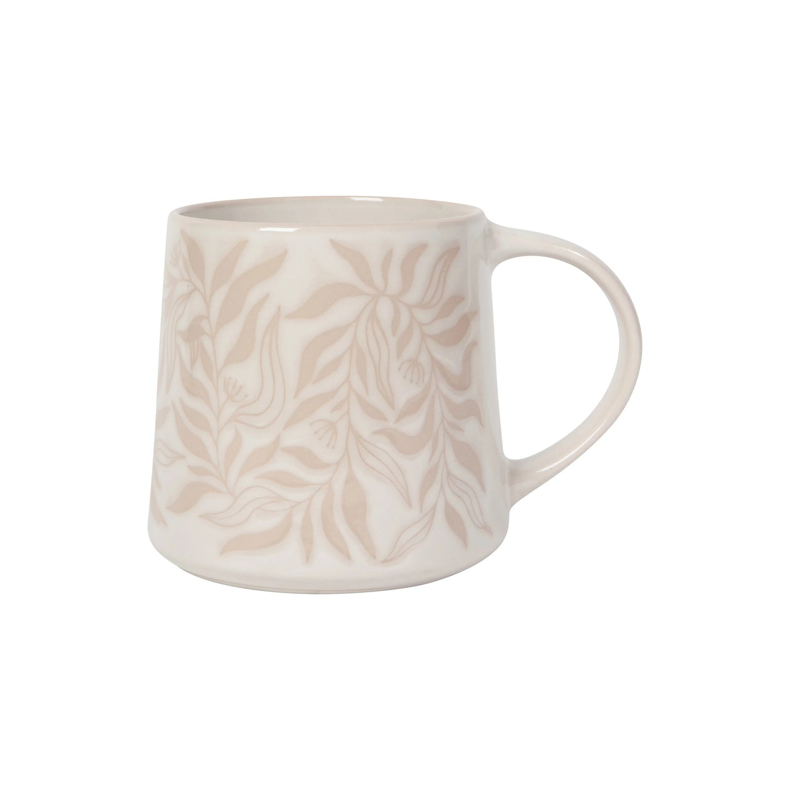 A white ceramic mug with a dusty rose pink botanical leaf pattern, shown against a plain white background.