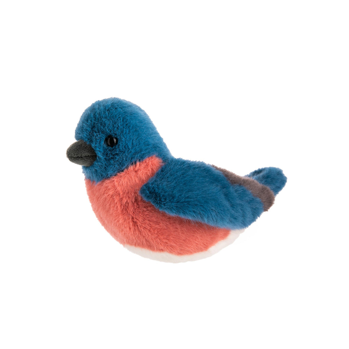 Plush toy bird with blue and red colors on a white background