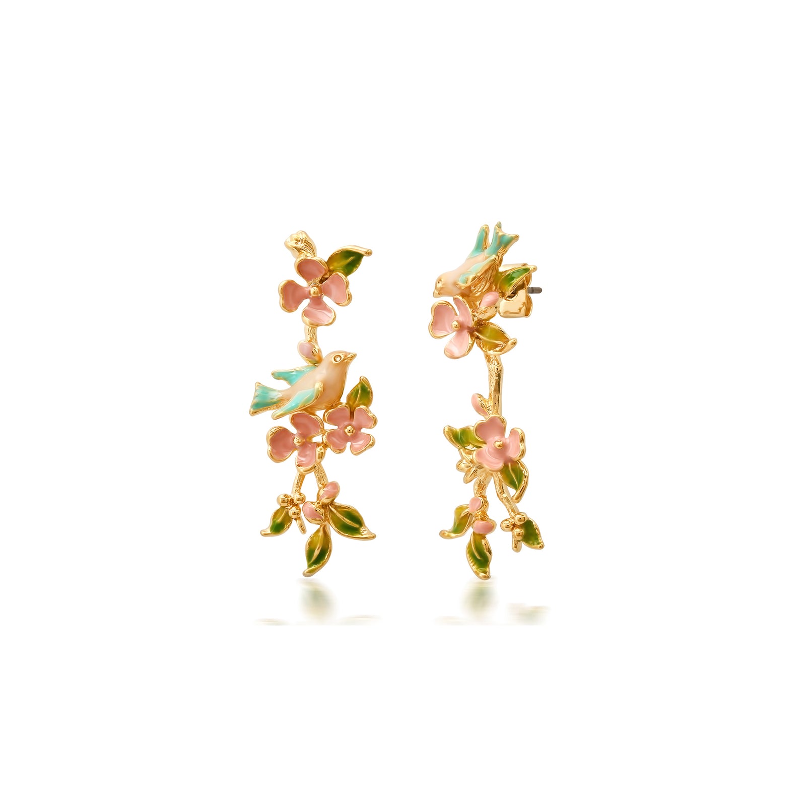 Dangle earrings with flowers and birds in enamel and gold on a white background.