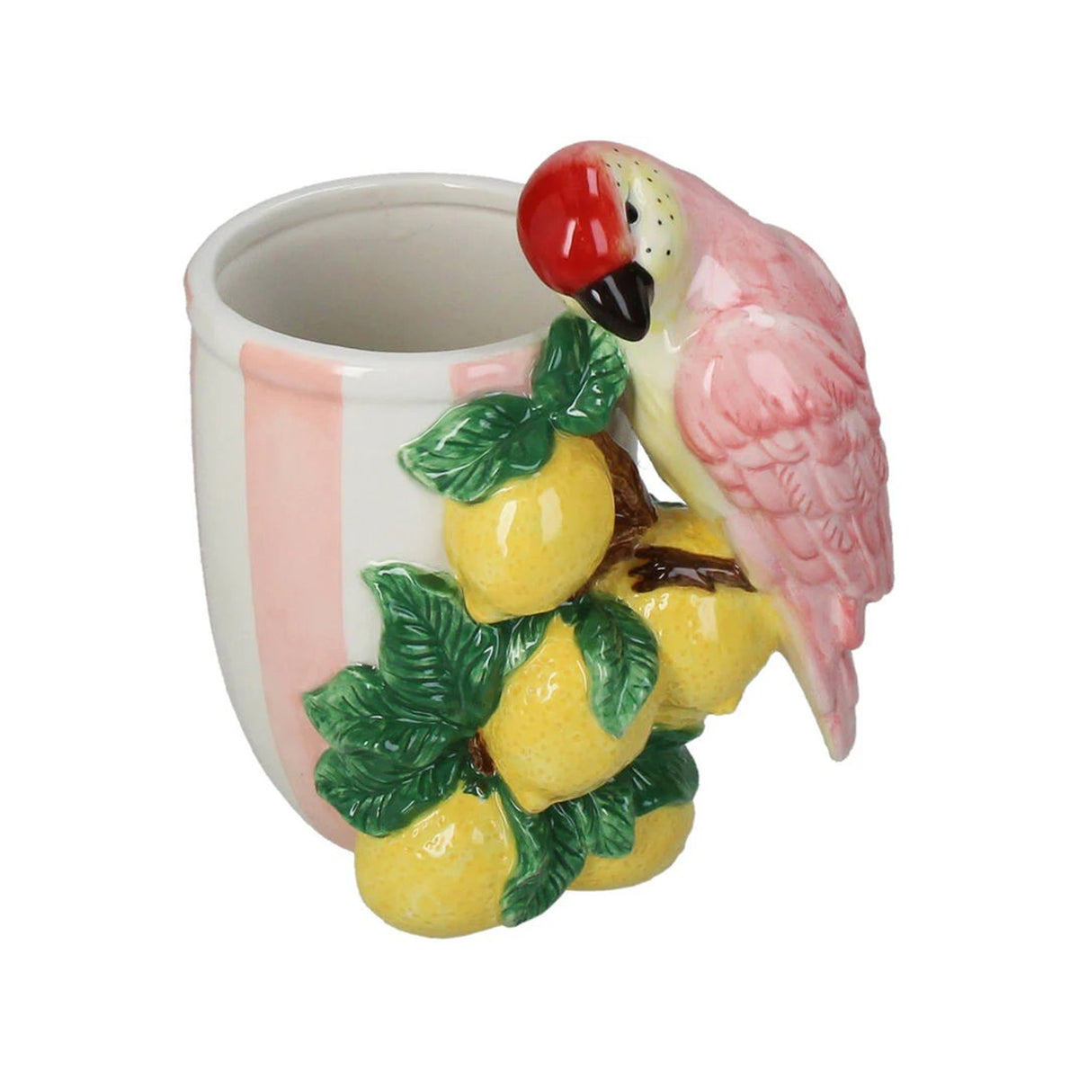 Decorative vase with a parrot and lemons on a white background
