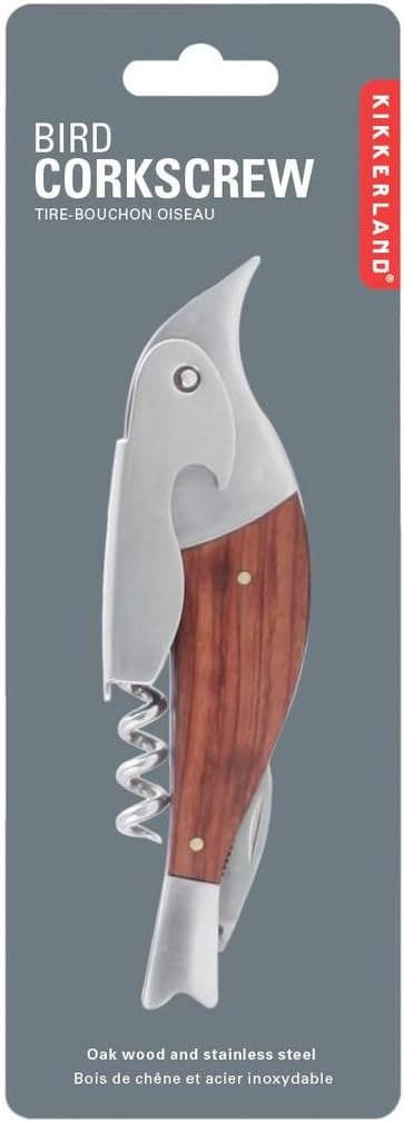 Birds of a feather drink together! Add a whimsical touch to your kitchen, camp kit or picnic basket with this cute and practical bird-shaped corkscrew, bottle opener, and foil cutter. Made from tough stainless steel with a comfortable real wood grip.  Dimensions when folded: 5" x 0.63" x 1.38".