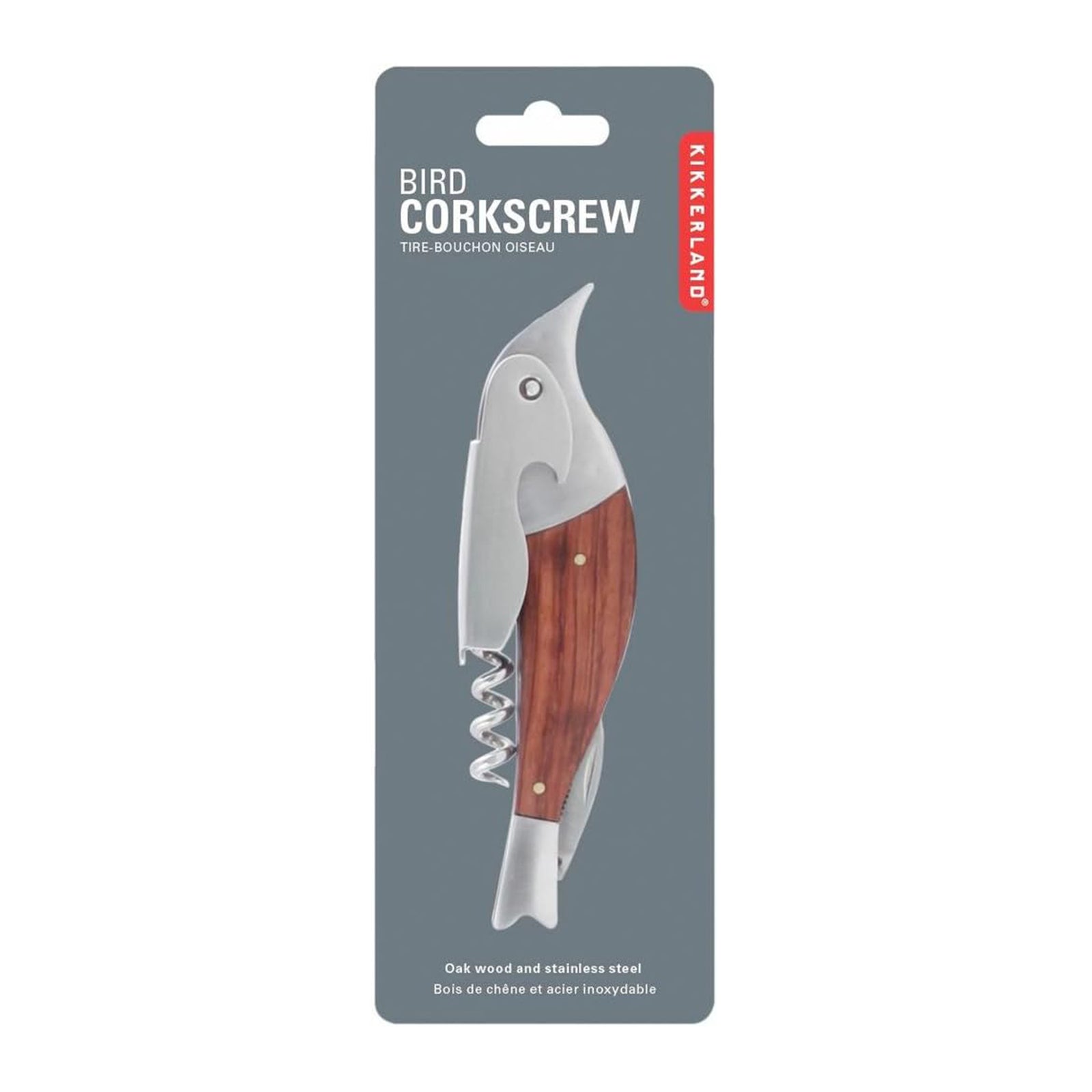 Kikkerland  bird-shaped corkscrew on a gray packaging background