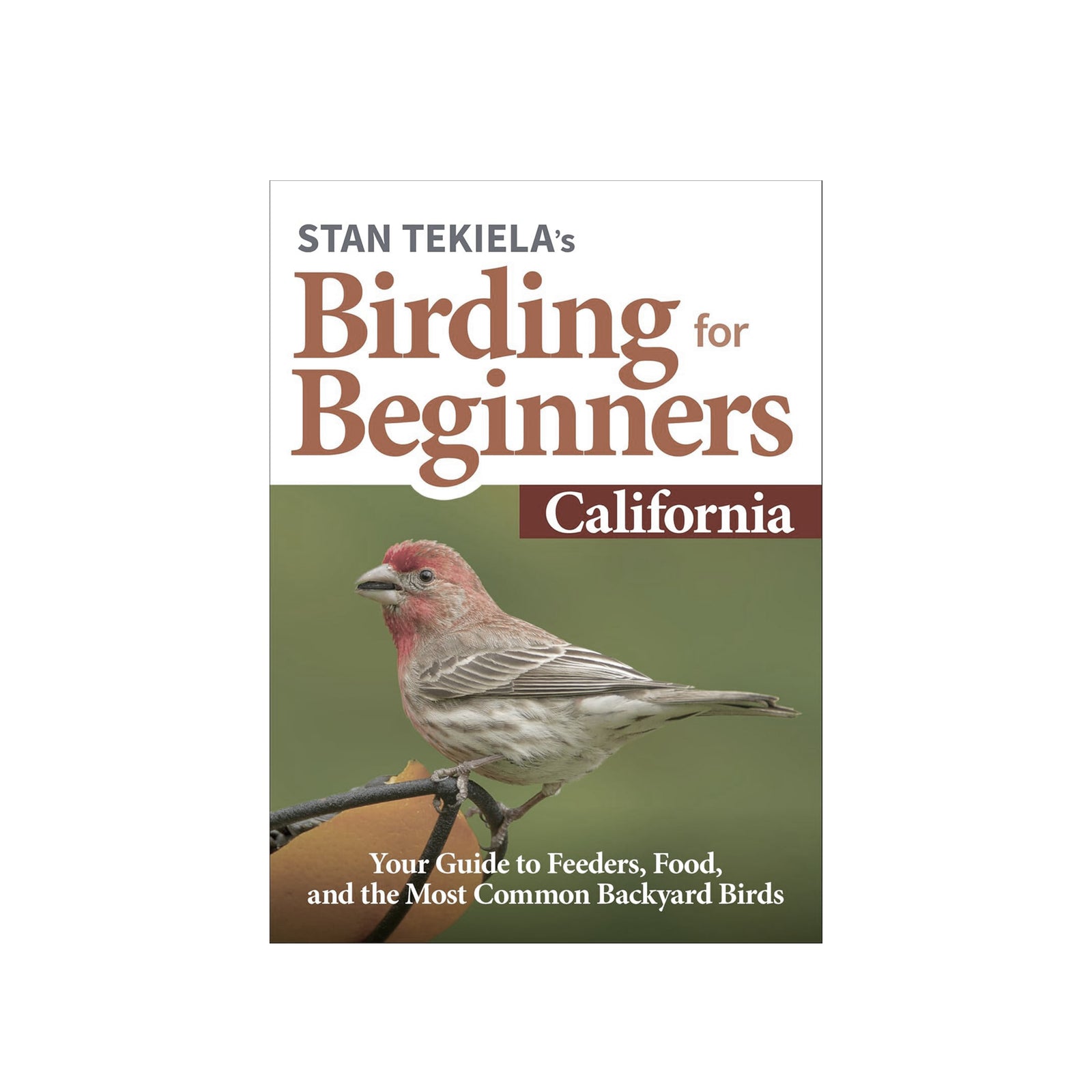 Front cover of the book 'Stan Tekiela's Birding for Beginners California' featuring a red-breasted bird perched on a branch against an olive-green background.