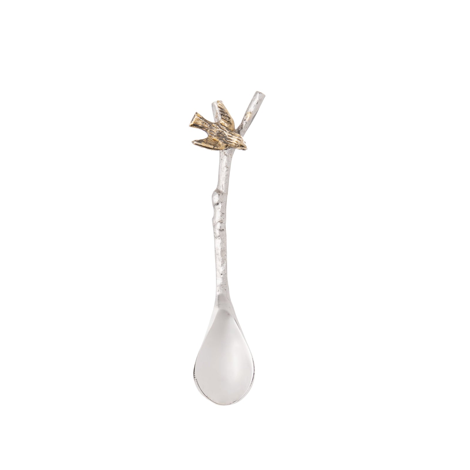 Decorative silver colored spoon with a brass bird detail on a white background