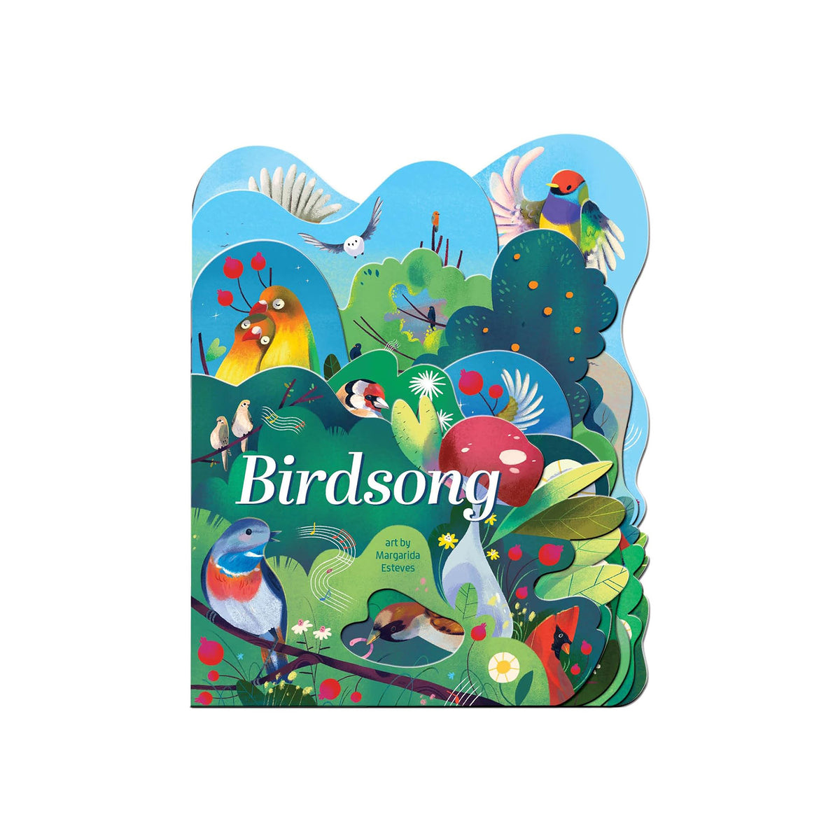 Colorful book cover of 'Birdsong' with illustrations of birds and nature on a white background