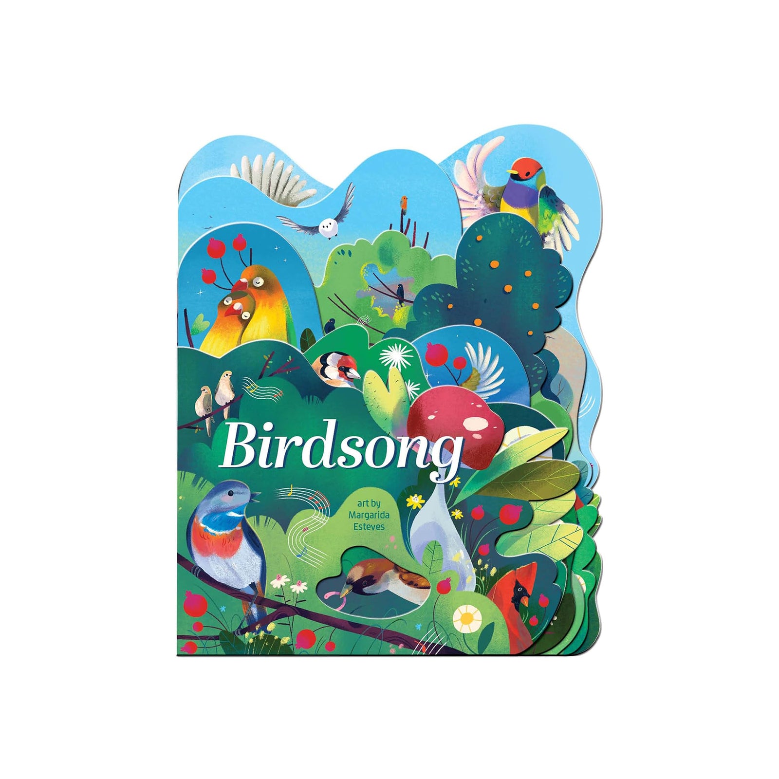 Colorful book cover of 'Birdsong' with illustrations of birds and nature on a white background