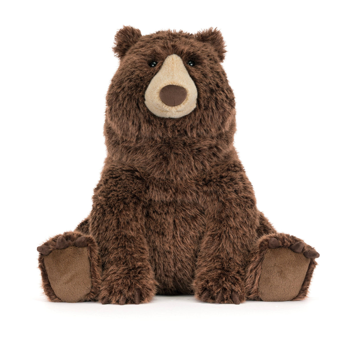 Brown Jellycat Bizzlestomp bear plush toy on a white background