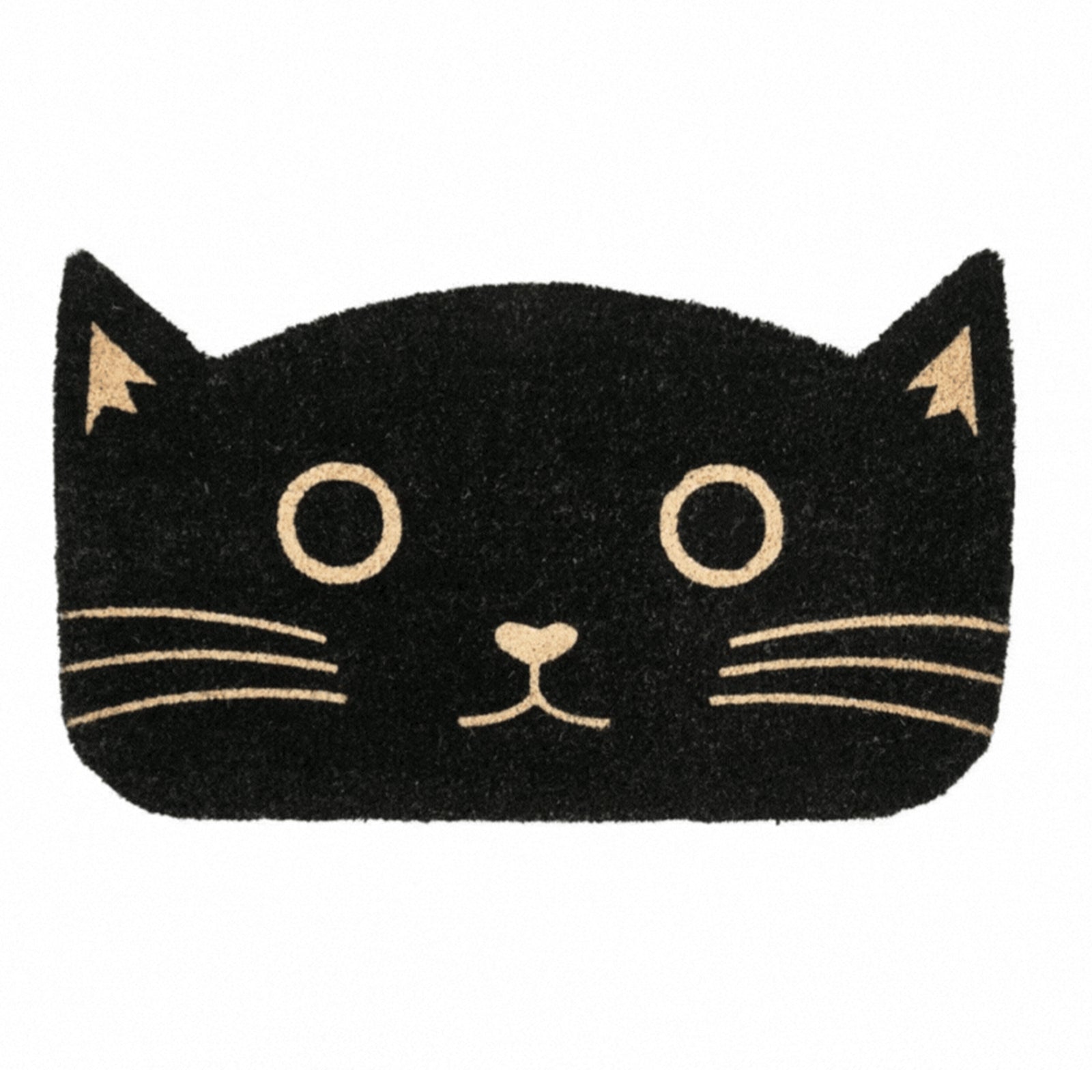 Black cat-shaped doormat with beige accents on a white background