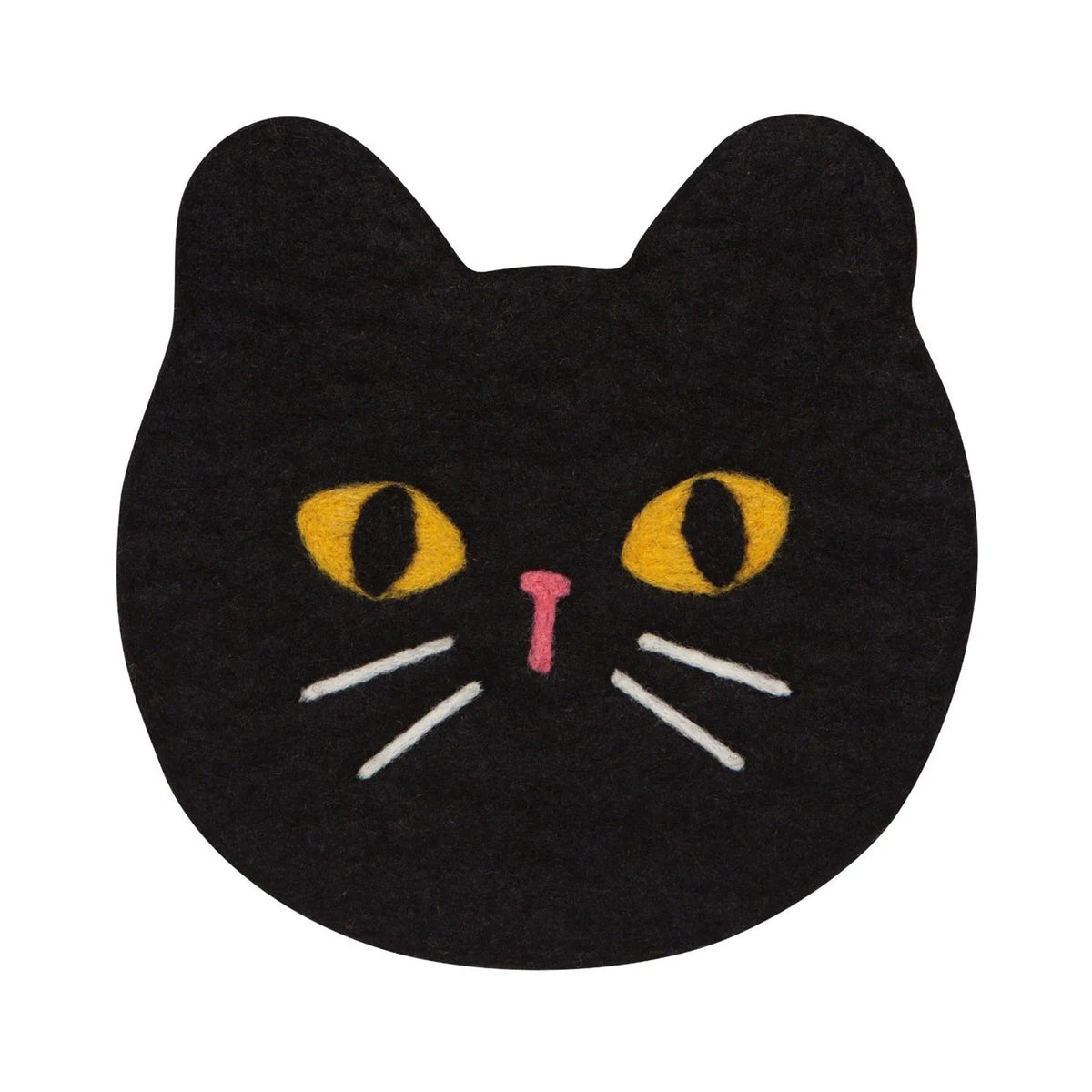 Black cat-shaped trivet with yellow eyes and a pink nose on a white background