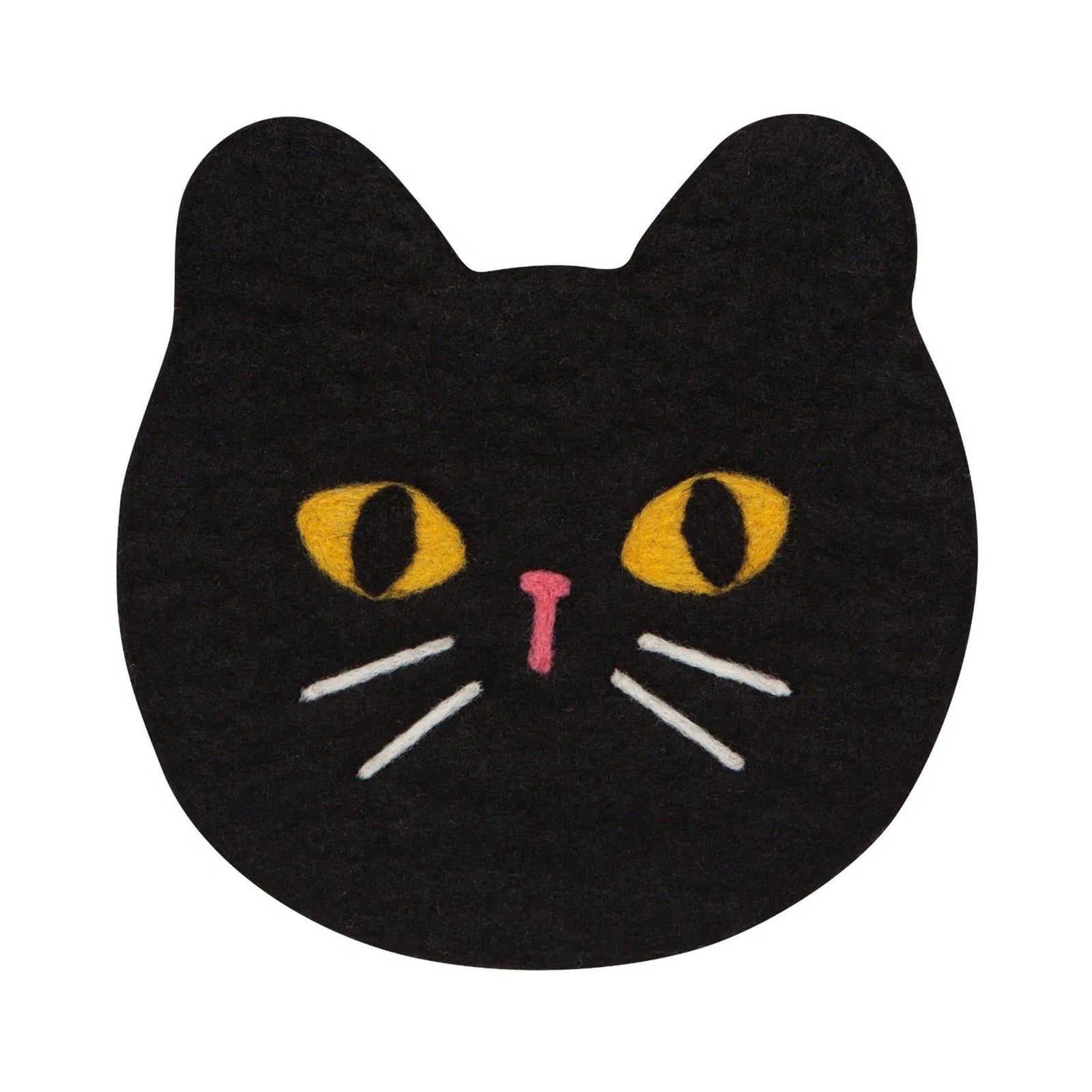Black cat-shaped trivet with yellow eyes and a pink nose on a white background