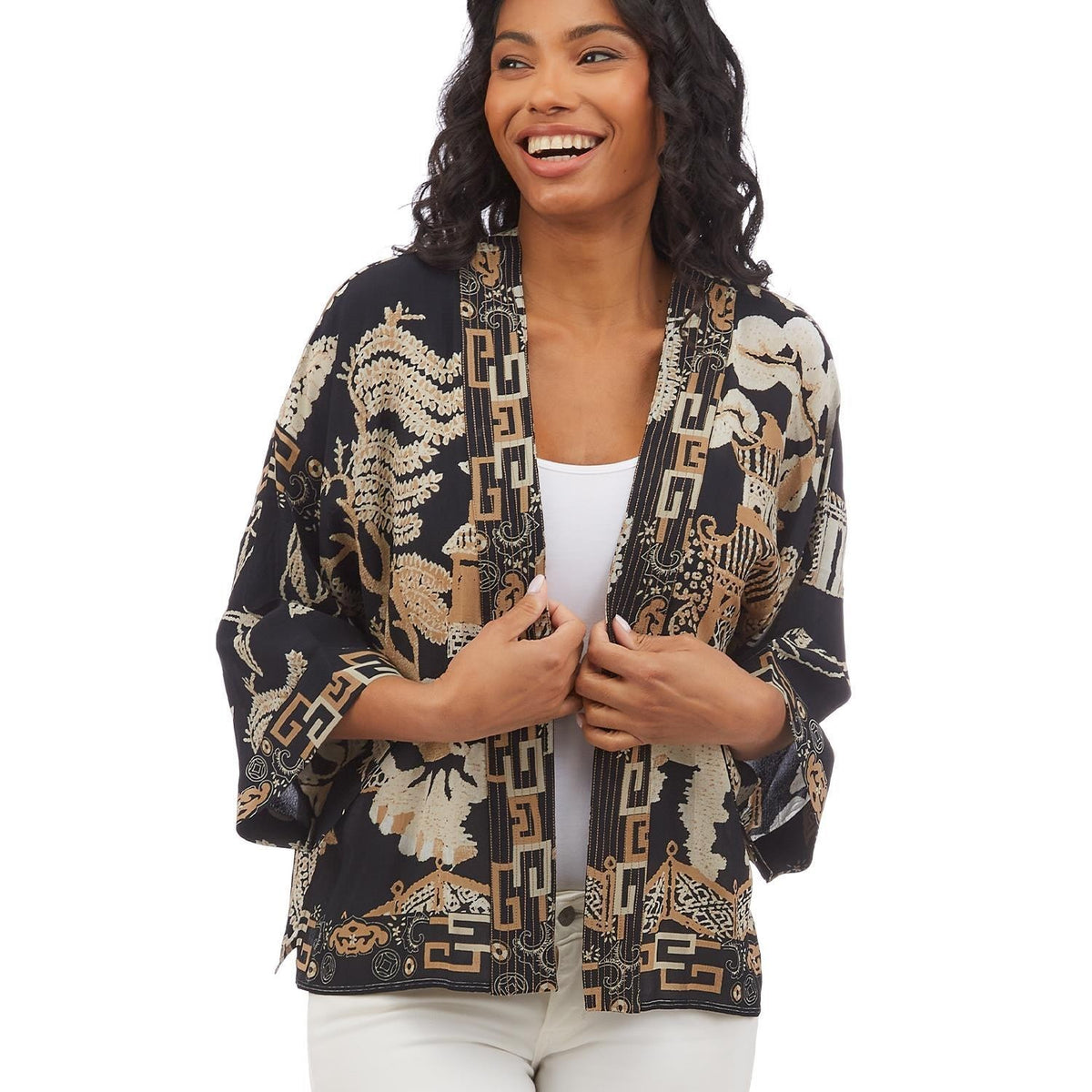 BLACK WILLOW PATTERN SHORT KIMONO