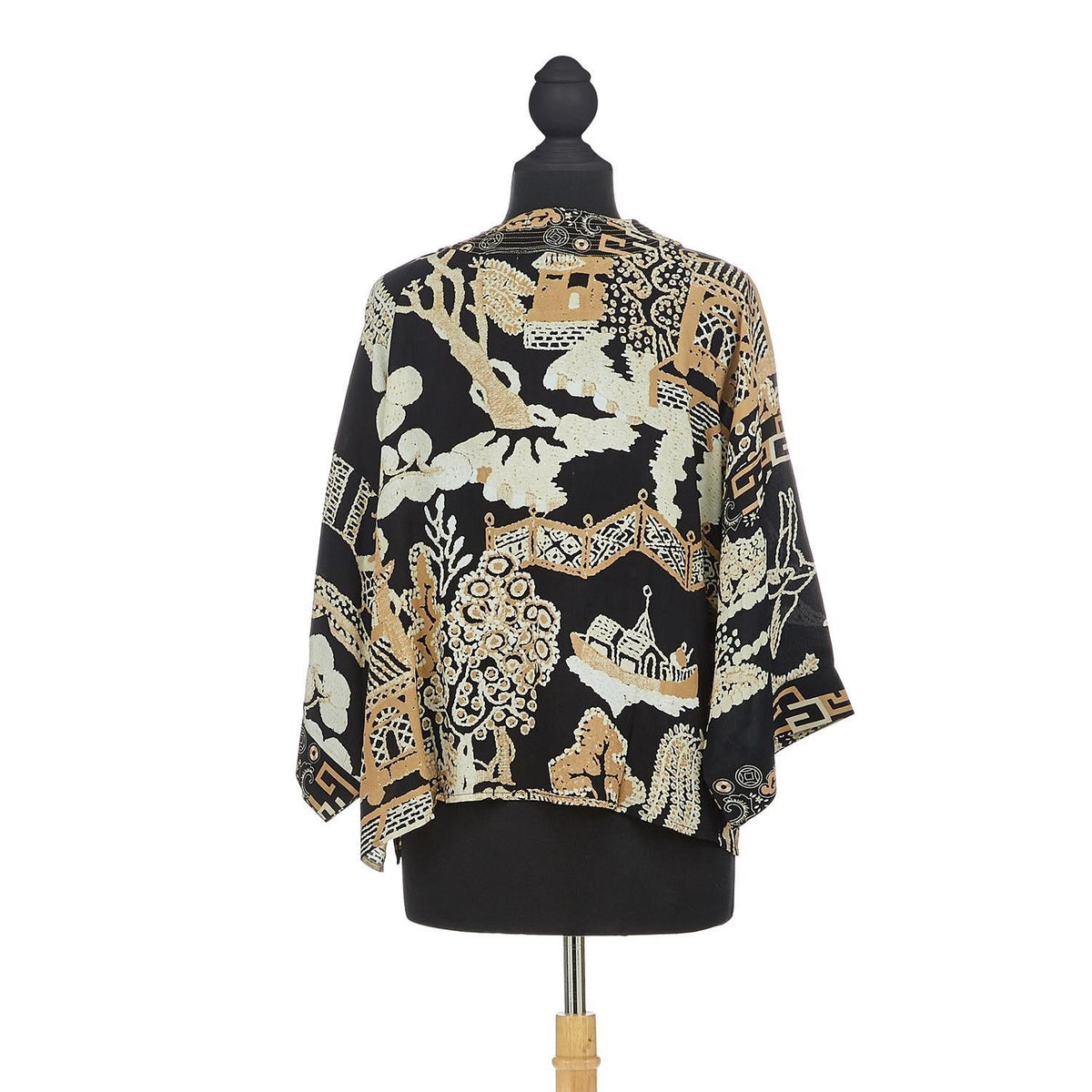 BLACK WILLOW PATTERN SHORT KIMONO