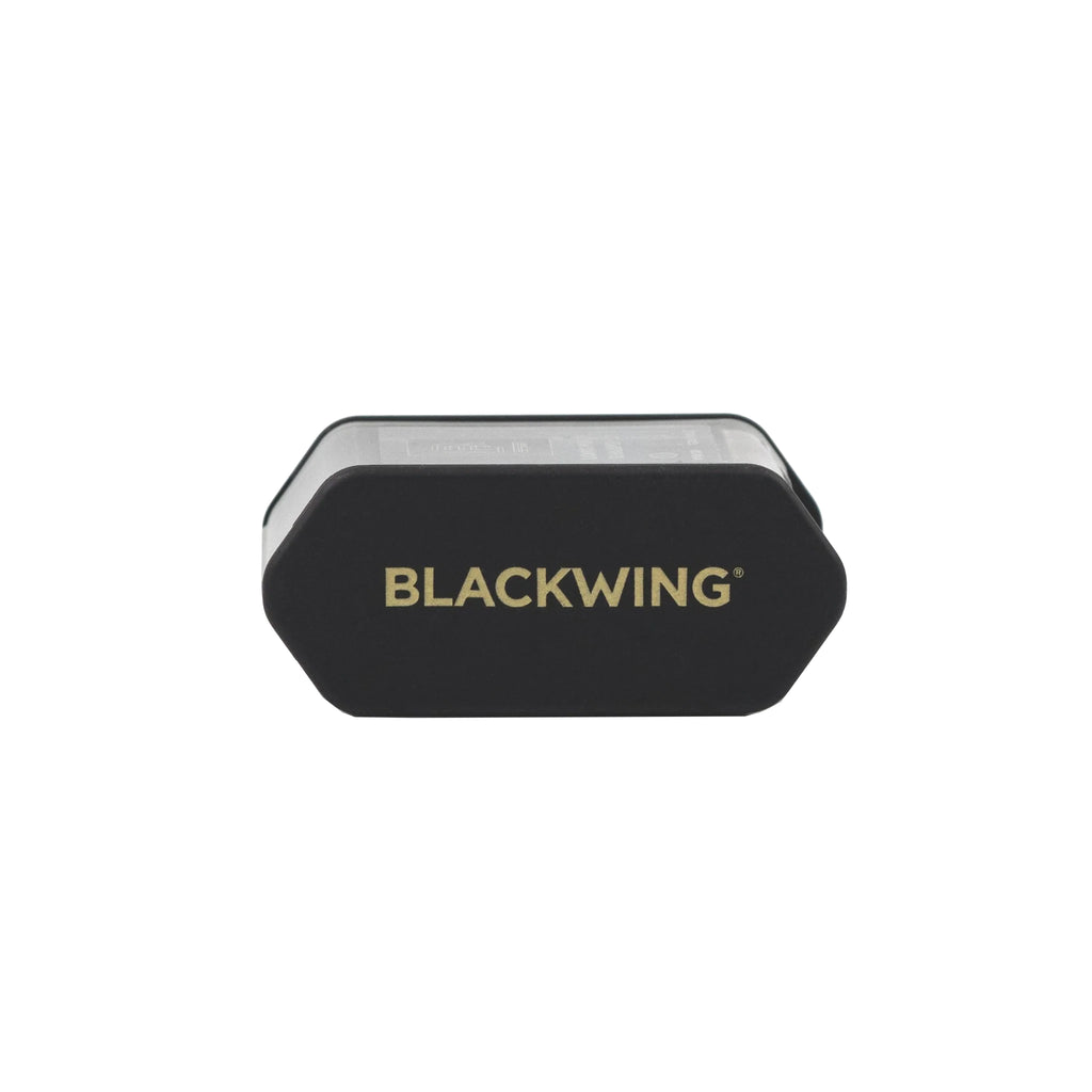 Blackwing was the pencil brand of choice for John Steinbeck, Chuck Jones, and countless others. This high-quality pencil sharpener creates a long point using a two-step sharpening process. Features a rubberized finish and German steel blades. Creates a long, sharp point on any pencil Dimensions: 2" x 1 1/4" x 3/4".