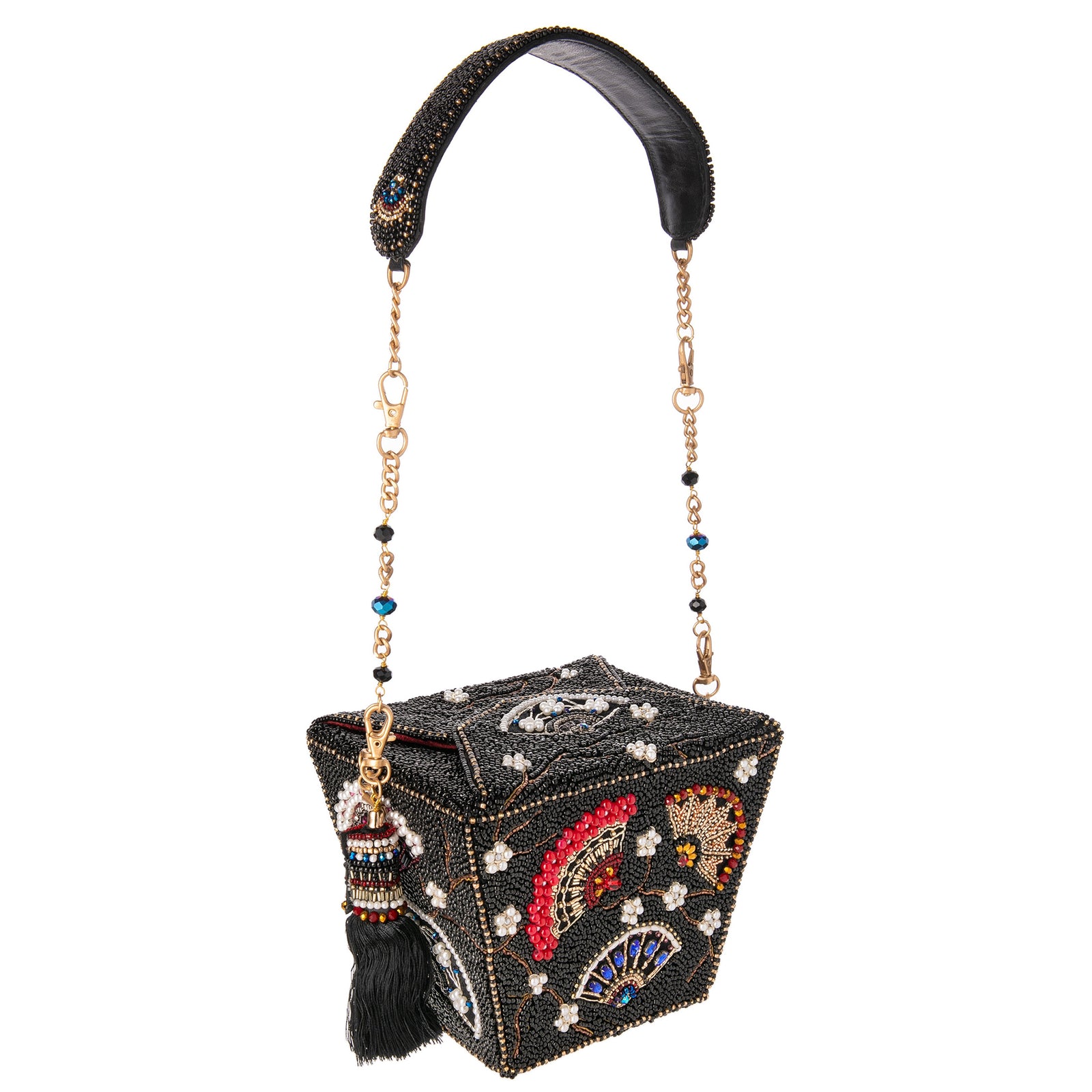 Decorative handbag with beaded chain strap on a white background