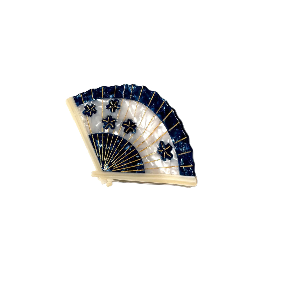 Decorative fan shaped hair claw clip with blue and gold design on a white background